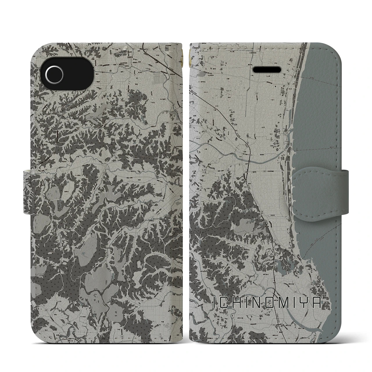 【一宮(千葉県)】地図柄iPhoneケース(手帳タイプ)モノトーン・iPhone SE(第3 / 第2世代) / 8 / 7 / 6s / 6 用