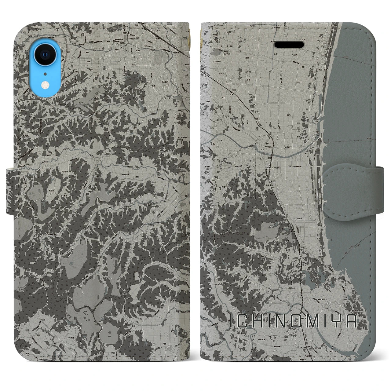 【一宮(千葉県)】地図柄iPhoneケース(手帳タイプ)モノトーン・iPhone XR 用