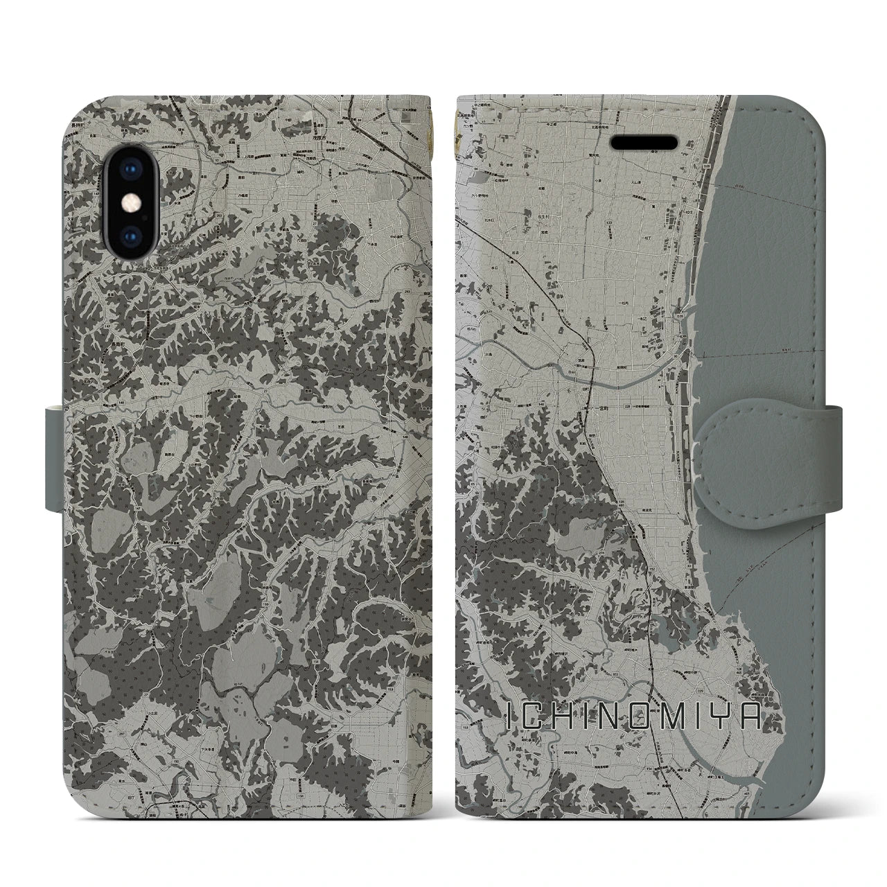 【一宮(千葉県)】地図柄iPhoneケース(手帳タイプ)モノトーン・iPhone XS / X 用