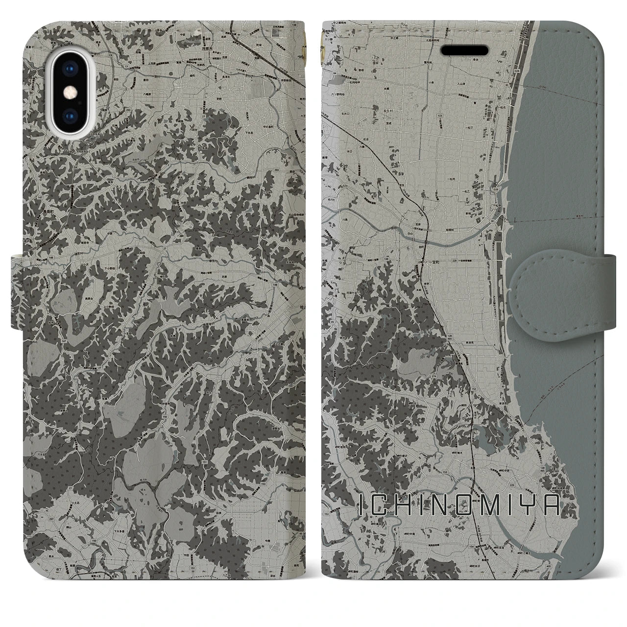 【一宮(千葉県)】地図柄iPhoneケース(手帳タイプ)モノトーン・iPhone XS Max 用