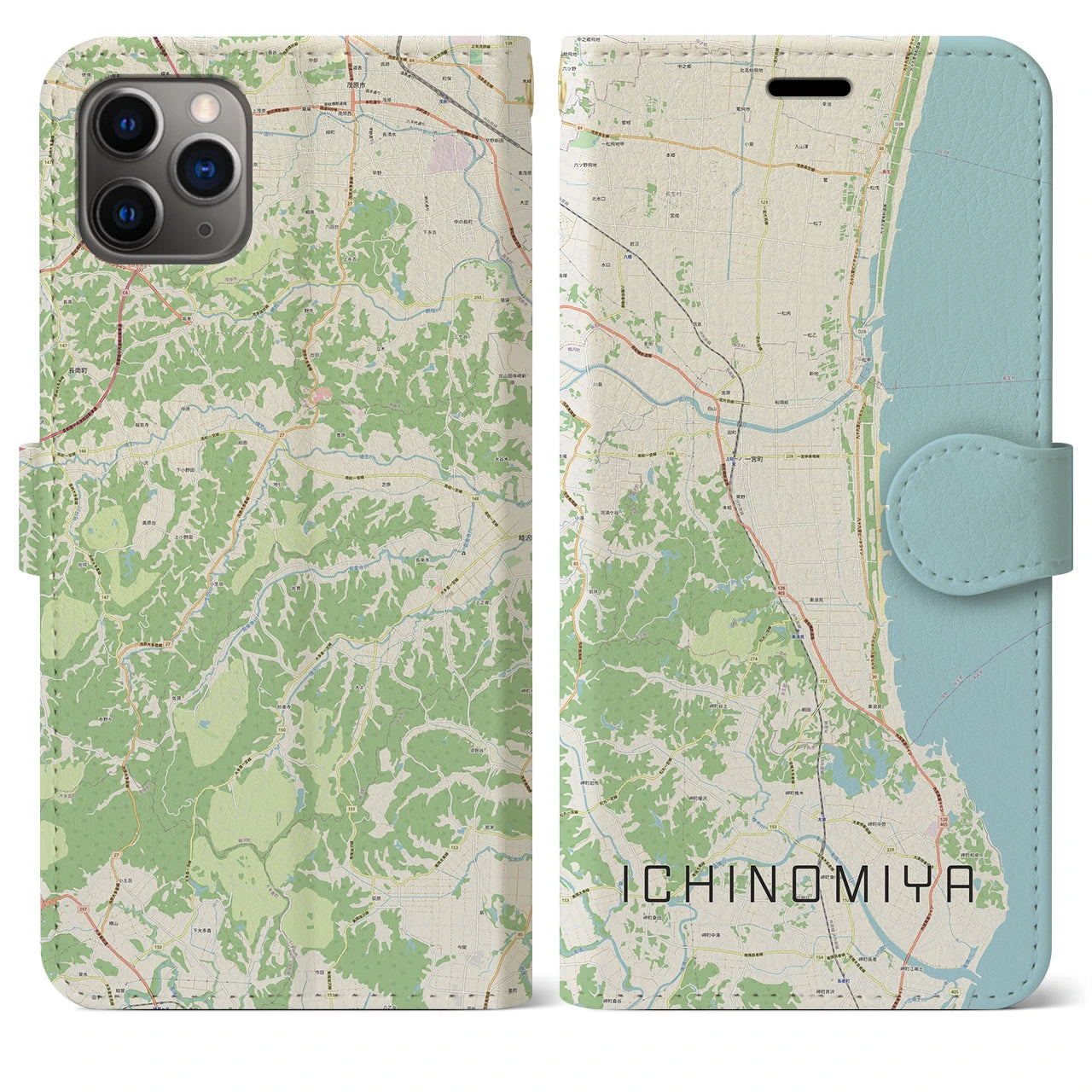 【一宮(千葉県)】地図柄iPhoneケース(手帳タイプ)ナチュラル・iPhone 11 Pro Max 用