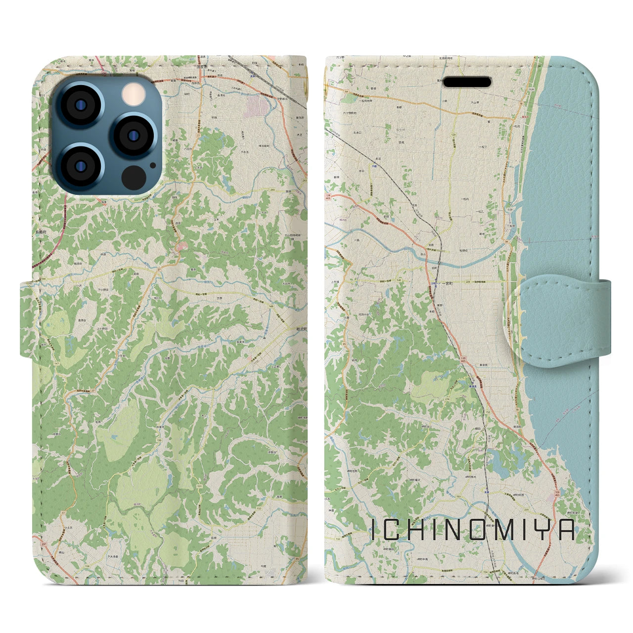 【一宮(千葉県)】地図柄iPhoneケース(手帳タイプ)ナチュラル・iPhone 12 / 12 Pro 用