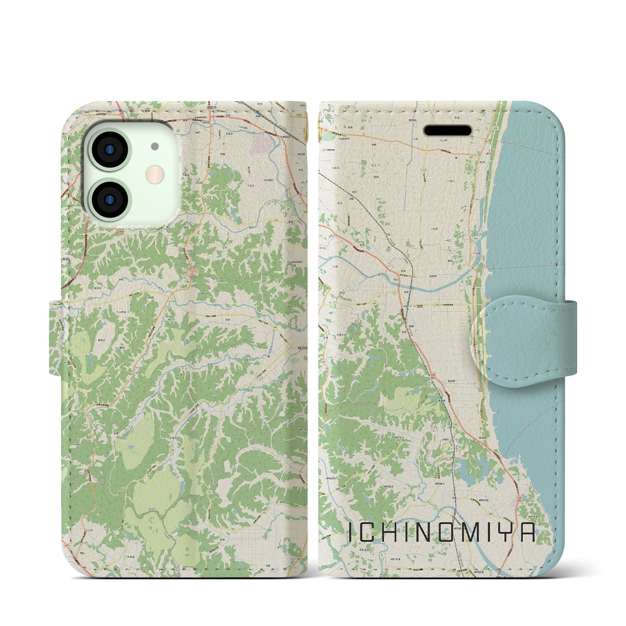 【一宮(千葉県)】地図柄iPhoneケース(手帳タイプ)ナチュラル・iPhone 12 mini 用