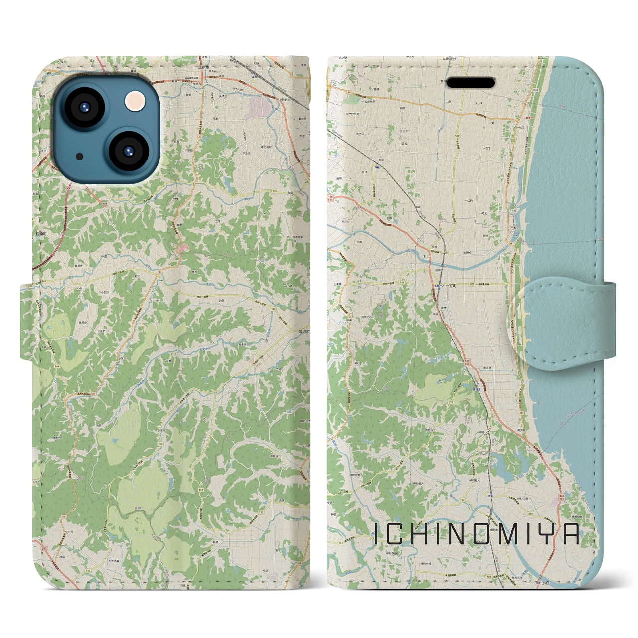 【一宮(千葉県)】地図柄iPhoneケース(手帳タイプ)ナチュラル・iPhone 13 用