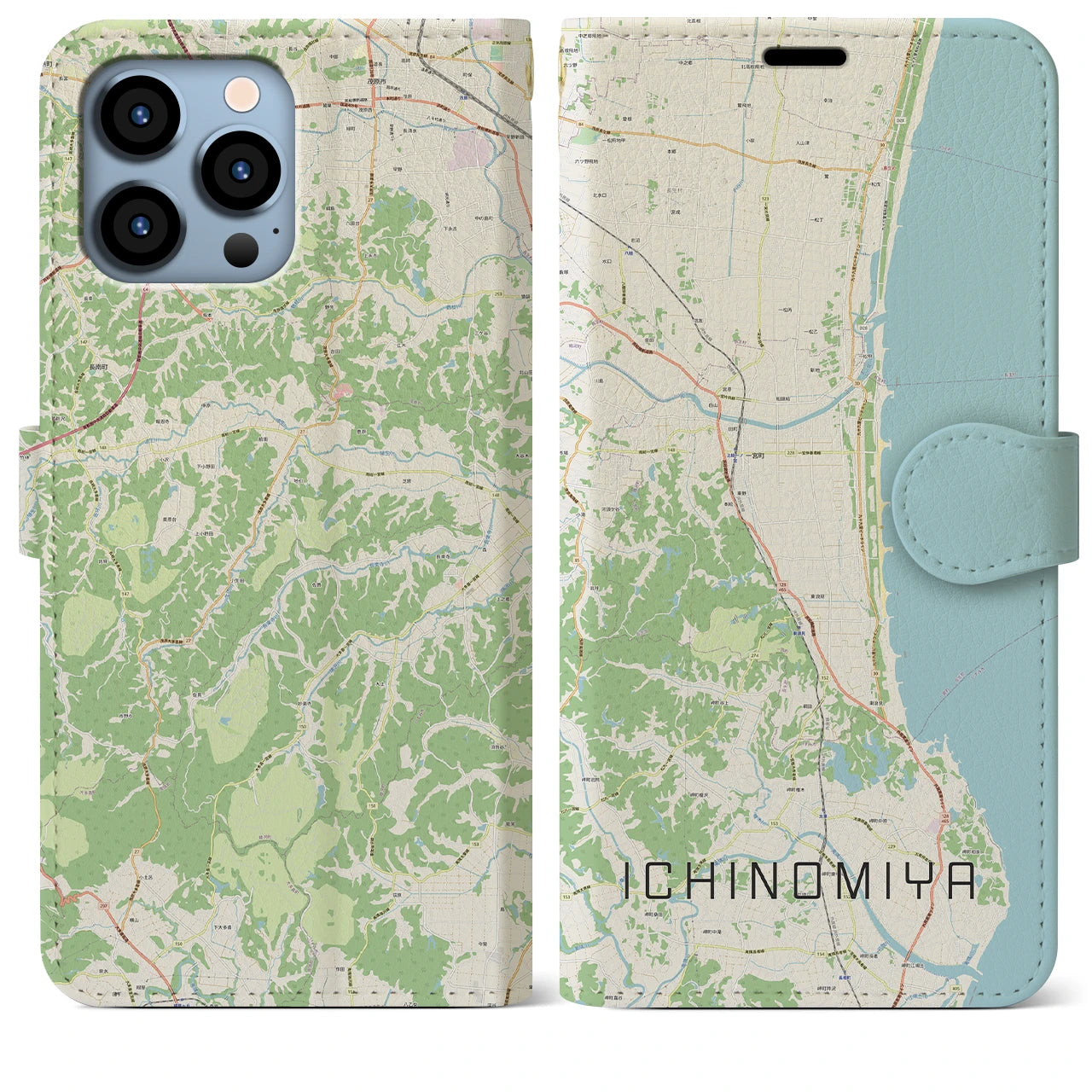 【一宮(千葉県)】地図柄iPhoneケース(手帳タイプ)ナチュラル・iPhone 13 Pro Max 用