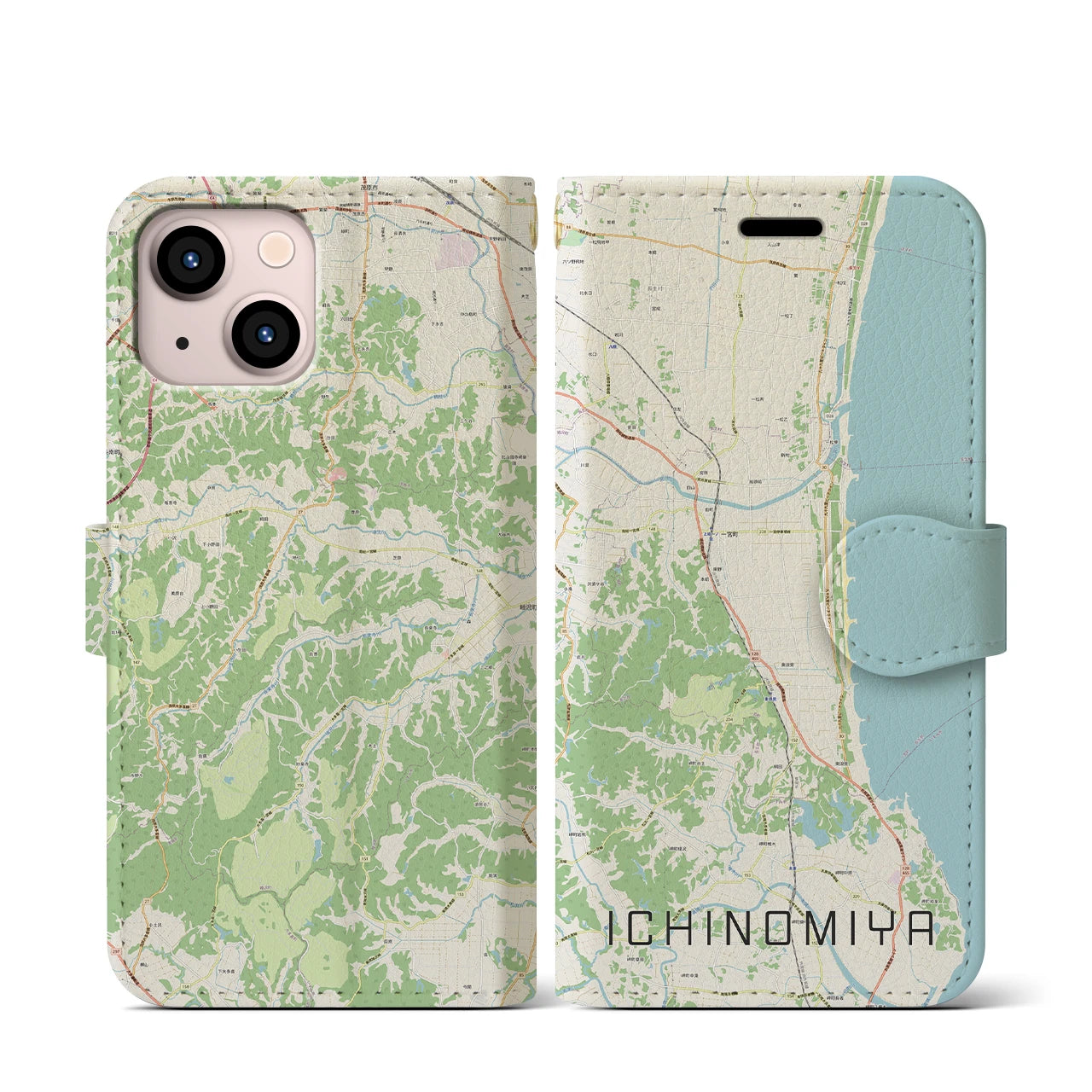 【一宮(千葉県)】地図柄iPhoneケース(手帳タイプ)ナチュラル・iPhone 13 mini 用