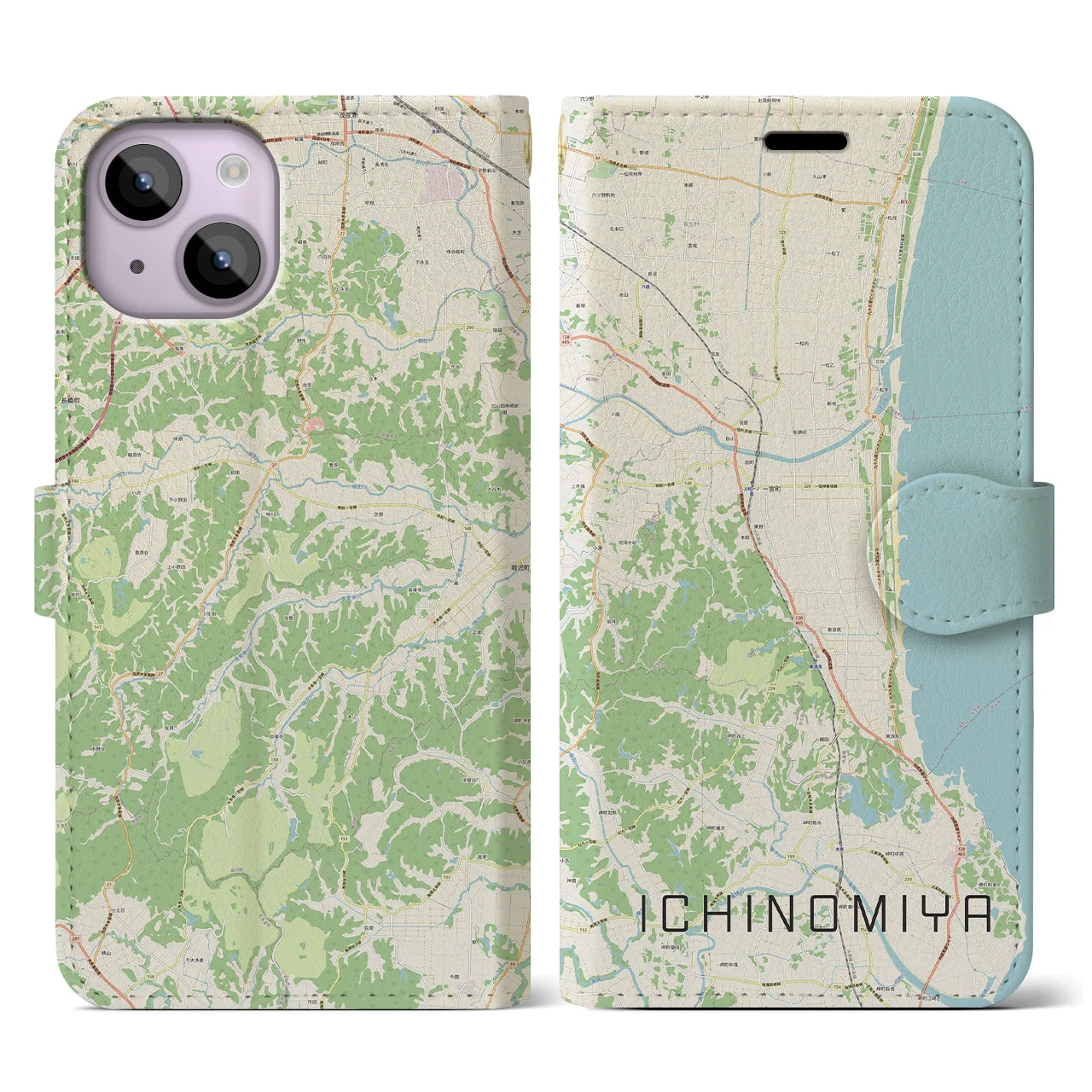 【一宮(千葉県)】地図柄iPhoneケース(手帳タイプ)ナチュラル・iPhone 14 用