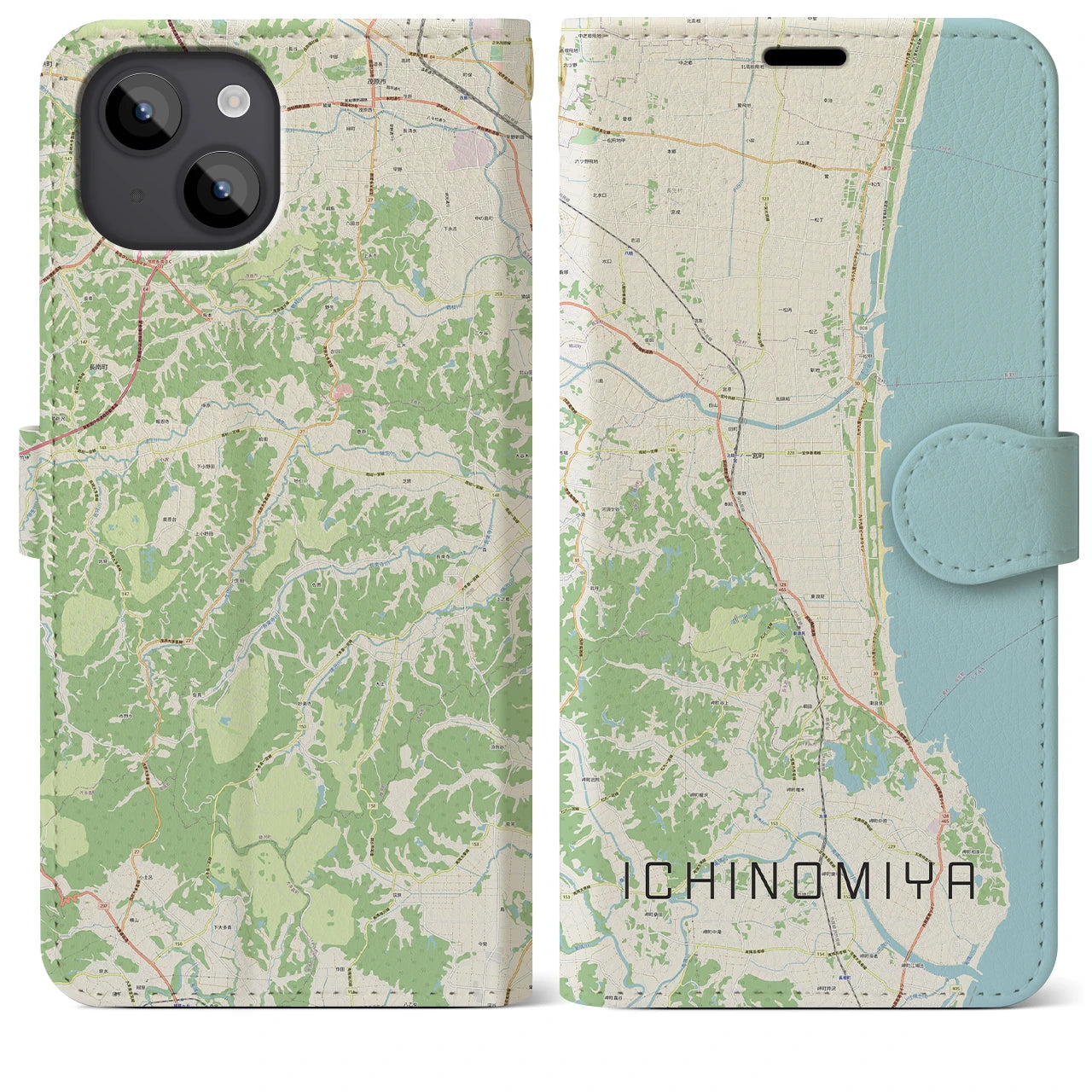 【一宮(千葉県)】地図柄iPhoneケース(手帳タイプ)ナチュラル・iPhone 14 Plus 用
