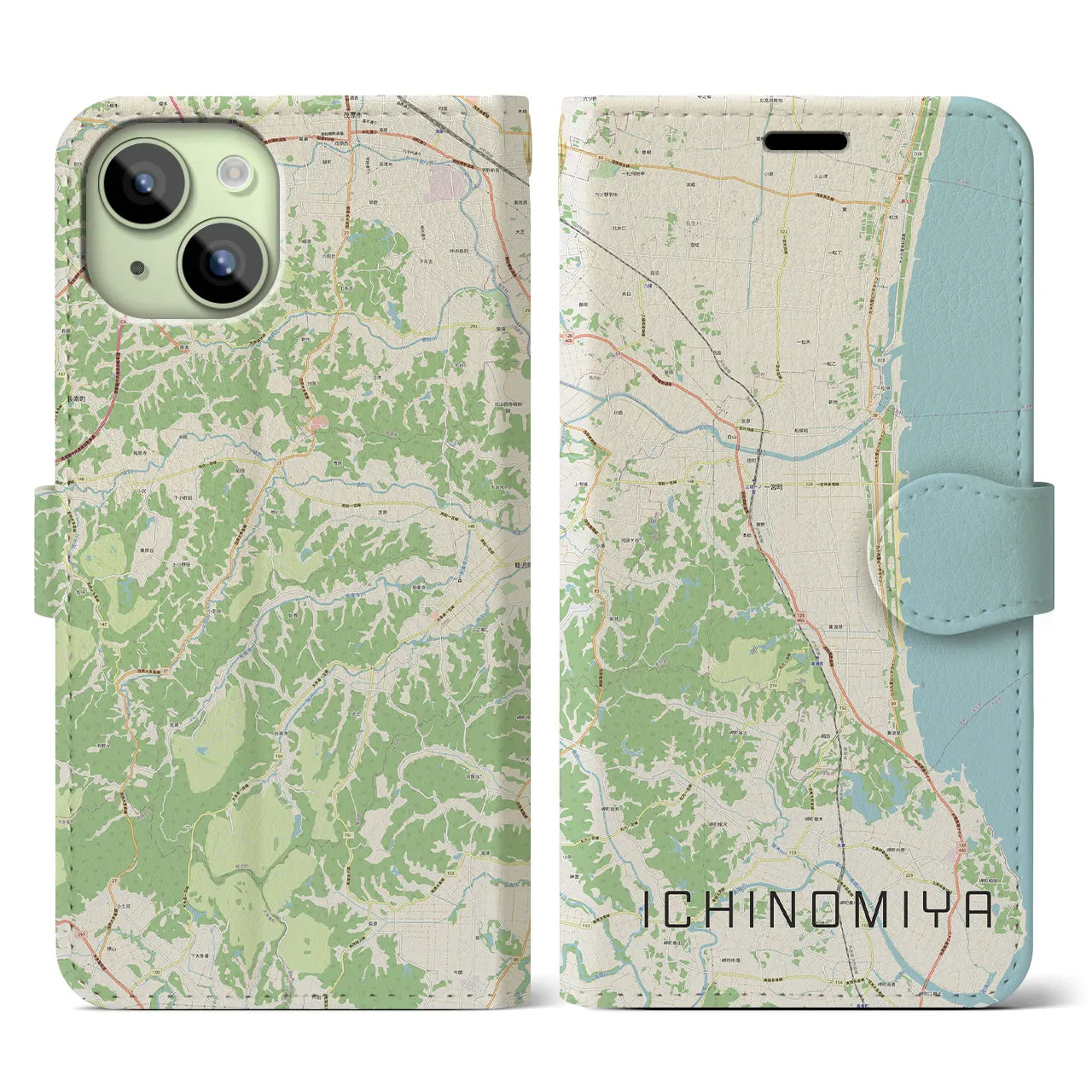 【一宮(千葉県)】地図柄iPhoneケース(手帳タイプ)ナチュラル・iPhone 15 用