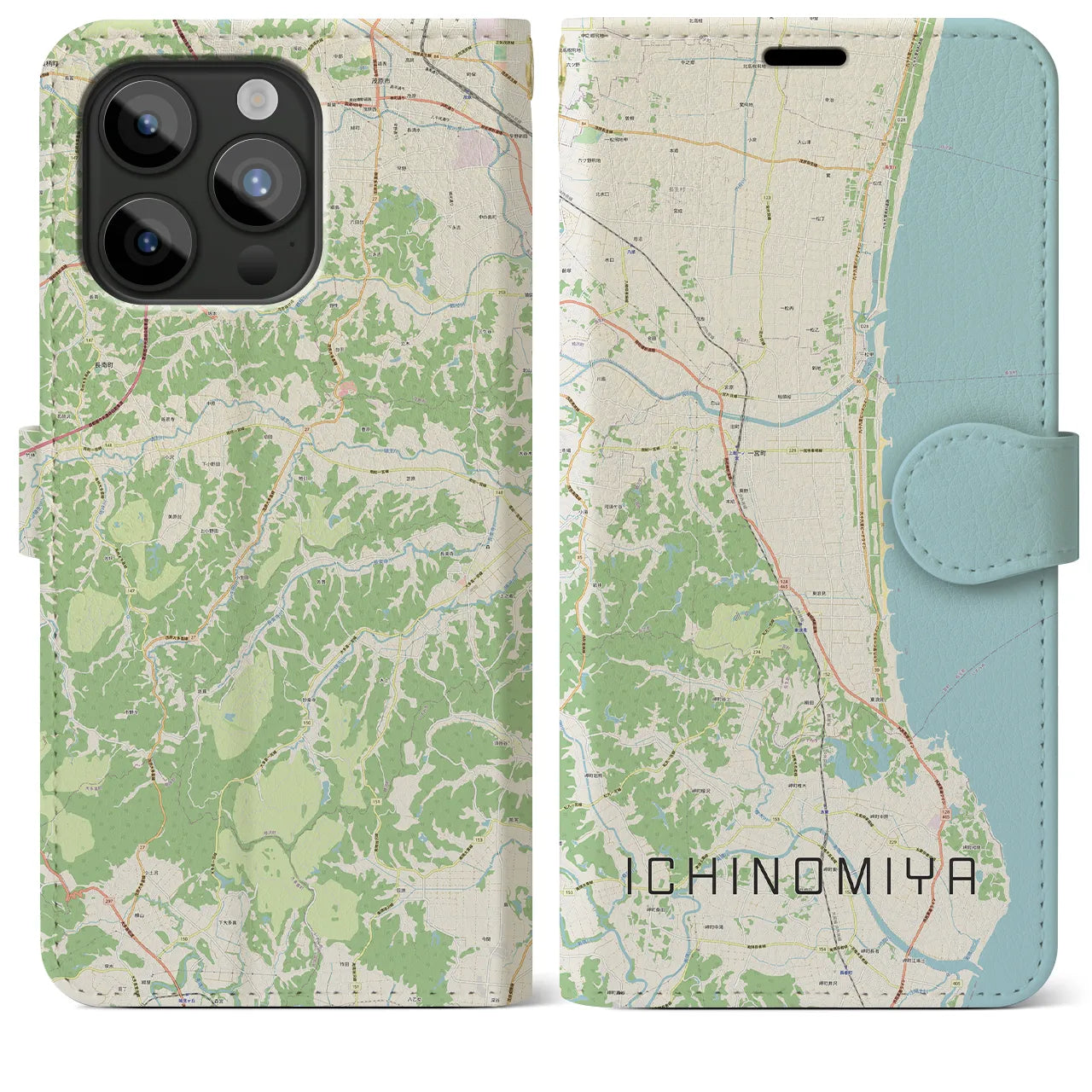 【一宮(千葉県)】地図柄iPhoneケース(手帳タイプ)ナチュラル・iPhone 15 Pro Max 用
