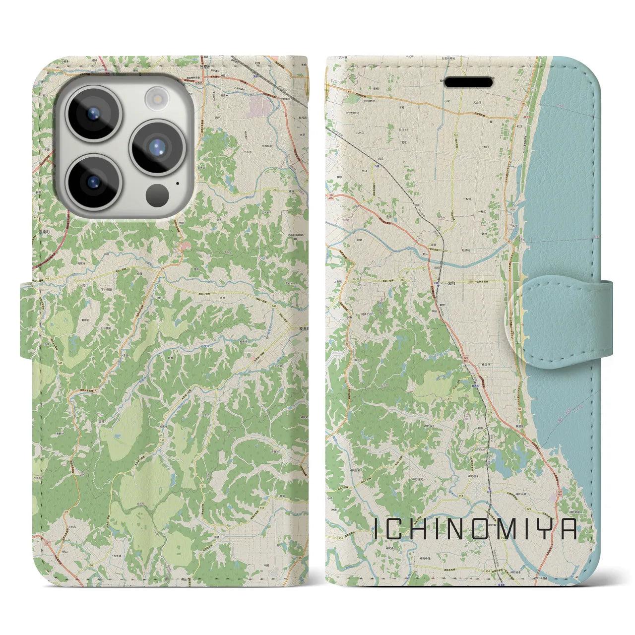 【一宮(千葉県)】地図柄iPhoneケース(手帳タイプ)ナチュラル・iPhone 15 Pro 用