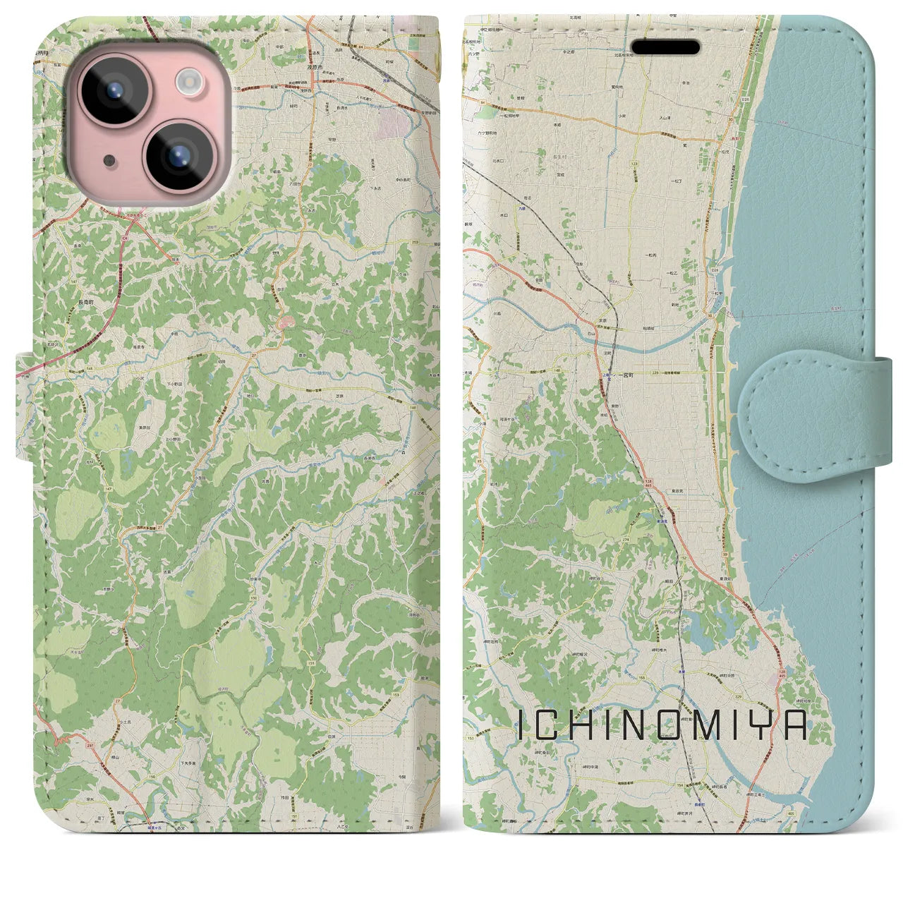 【一宮(千葉県)】地図柄iPhoneケース(手帳タイプ)ナチュラル・iPhone 15 Plus 用