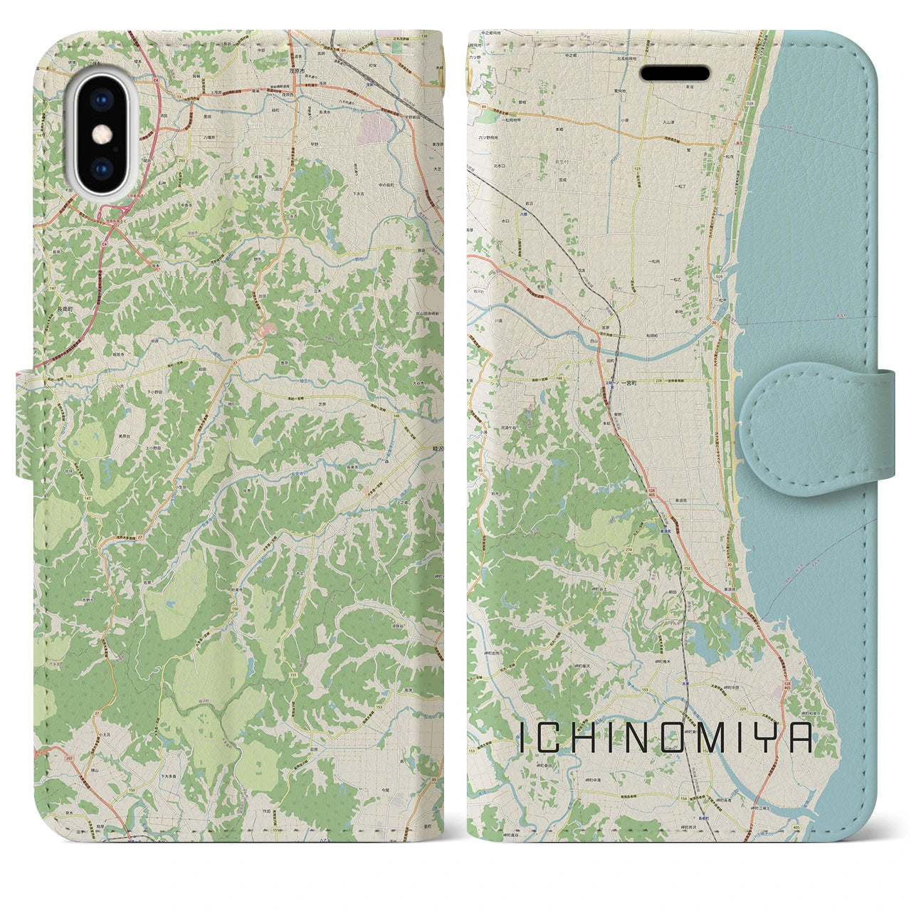 【一宮(千葉県)】地図柄iPhoneケース(手帳タイプ)ナチュラル・iPhone XS Max 用