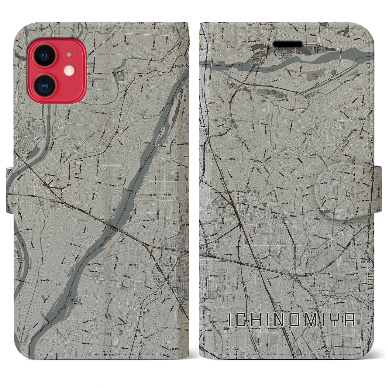 【一宮(愛知県)】地図柄iPhoneケース(手帳タイプ)モノトーン・iPhone 11 用