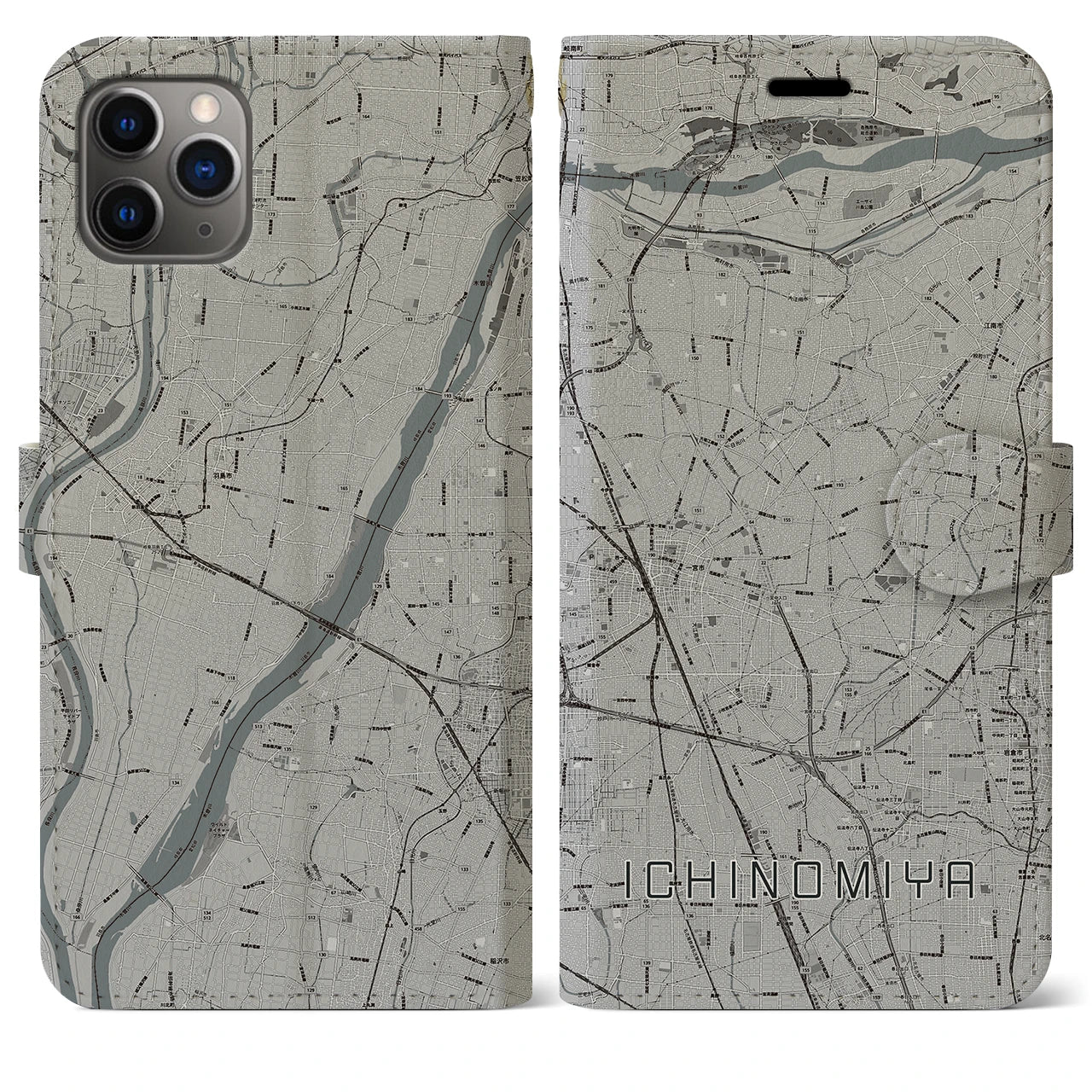 【一宮(愛知県)】地図柄iPhoneケース(手帳タイプ)モノトーン・iPhone 11 Pro Max 用