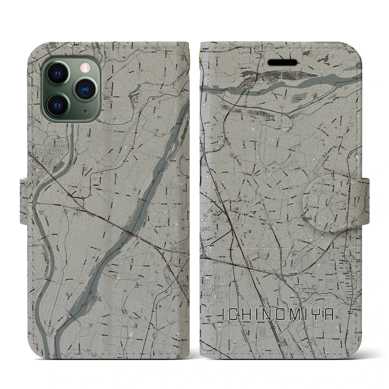 【一宮(愛知県)】地図柄iPhoneケース(手帳タイプ)モノトーン・iPhone 11 Pro 用