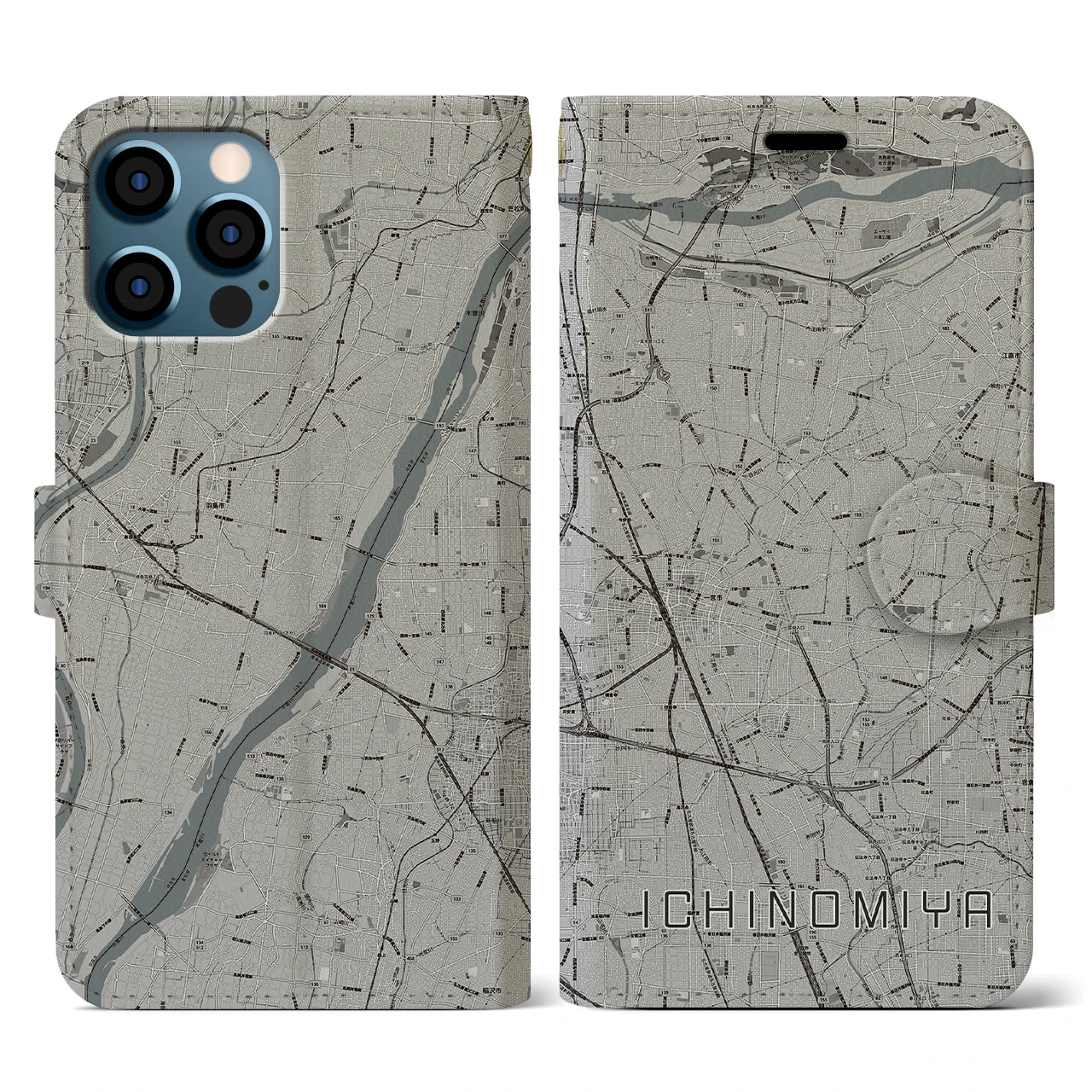 【一宮(愛知県)】地図柄iPhoneケース(手帳タイプ)モノトーン・iPhone 12 / 12 Pro 用