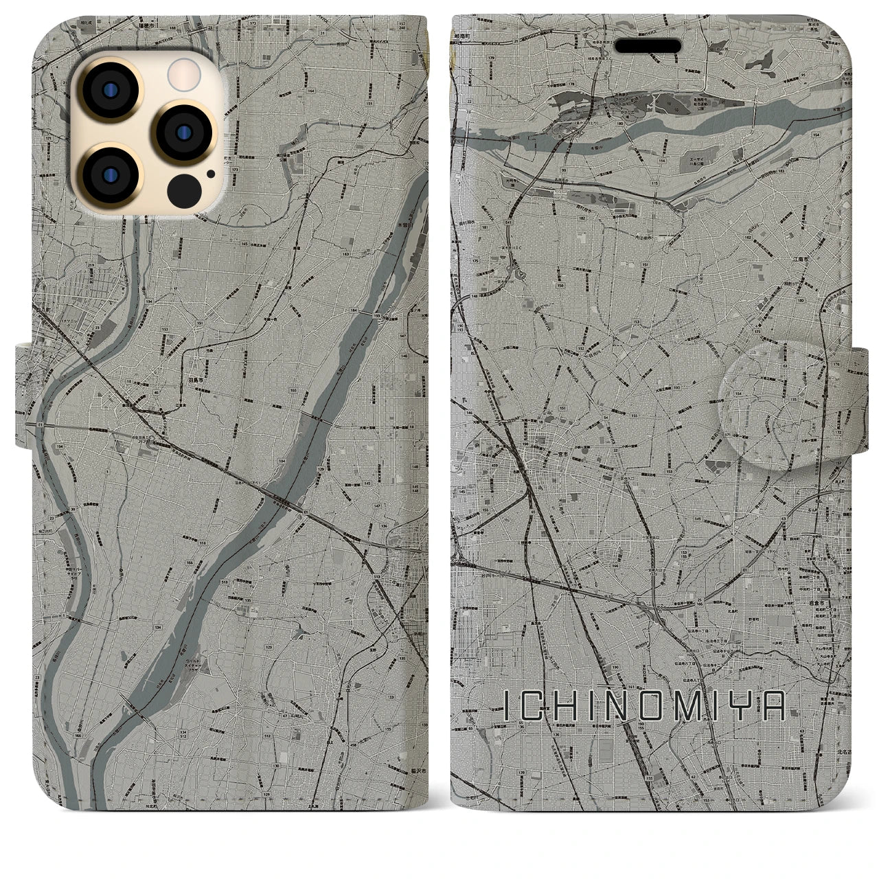 【一宮(愛知県)】地図柄iPhoneケース(手帳タイプ)モノトーン・iPhone 12 Pro Max 用