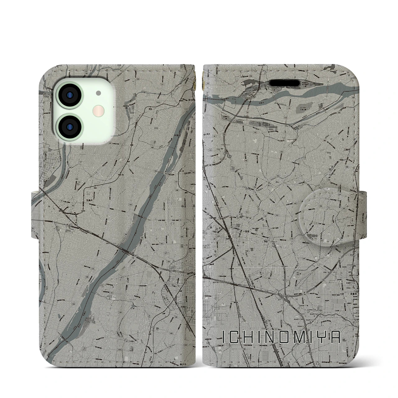 【一宮(愛知県)】地図柄iPhoneケース(手帳タイプ)モノトーン・iPhone 12 mini 用