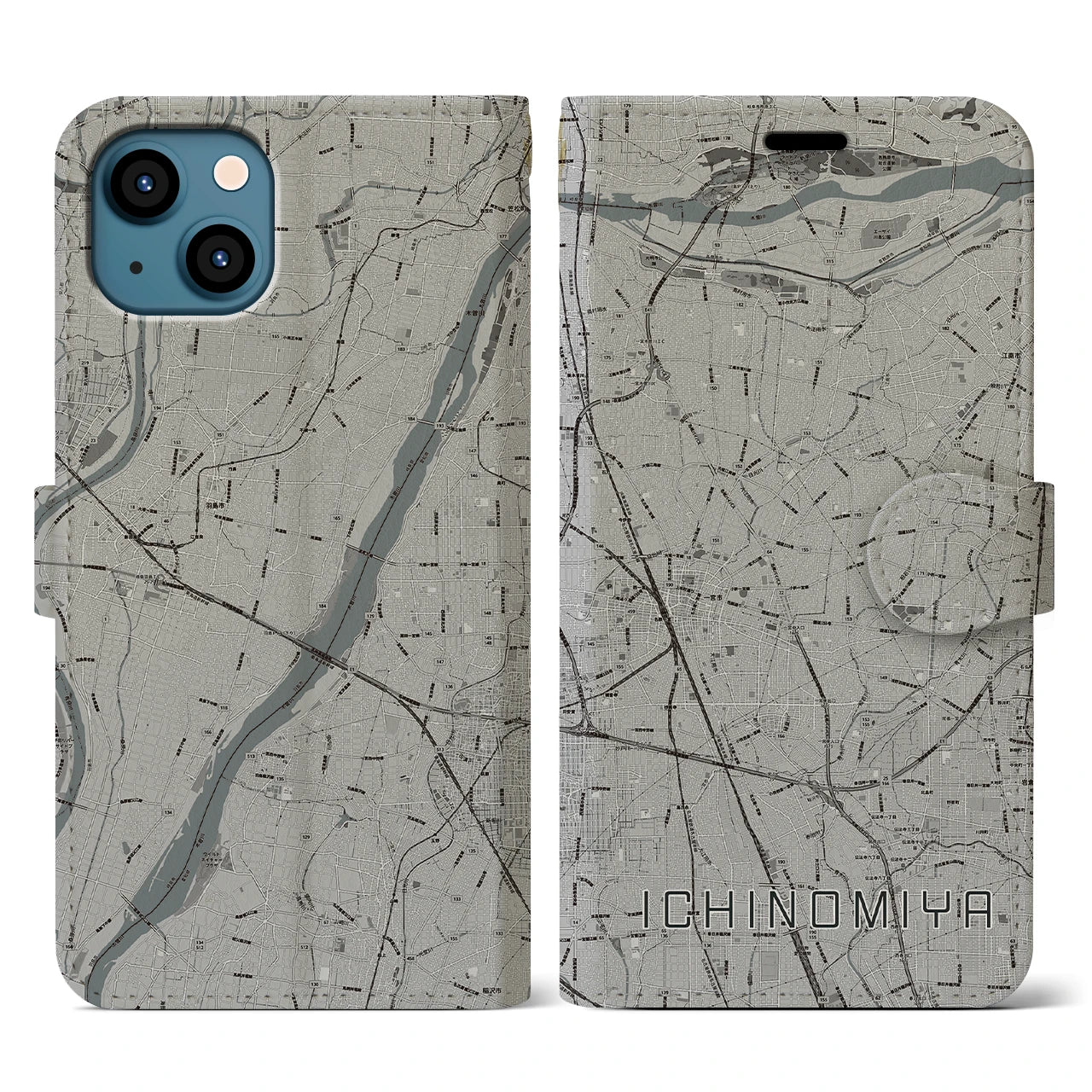 【一宮(愛知県)】地図柄iPhoneケース(手帳タイプ)モノトーン・iPhone 13 用