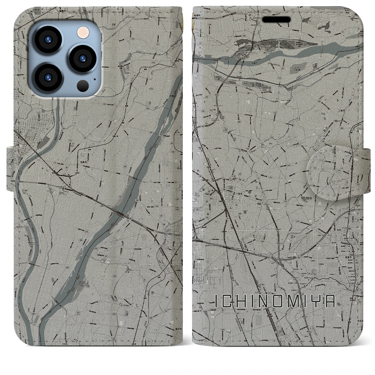 【一宮(愛知県)】地図柄iPhoneケース(手帳タイプ)モノトーン・iPhone 13 Pro Max 用