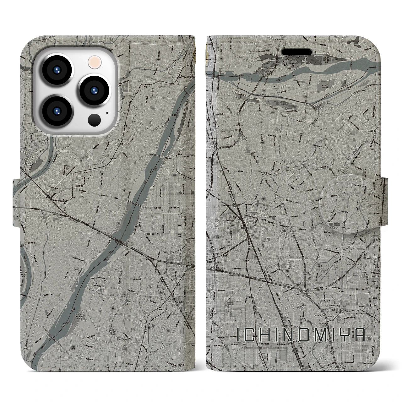 【一宮(愛知県)】地図柄iPhoneケース(手帳タイプ)モノトーン・iPhone 13 Pro 用