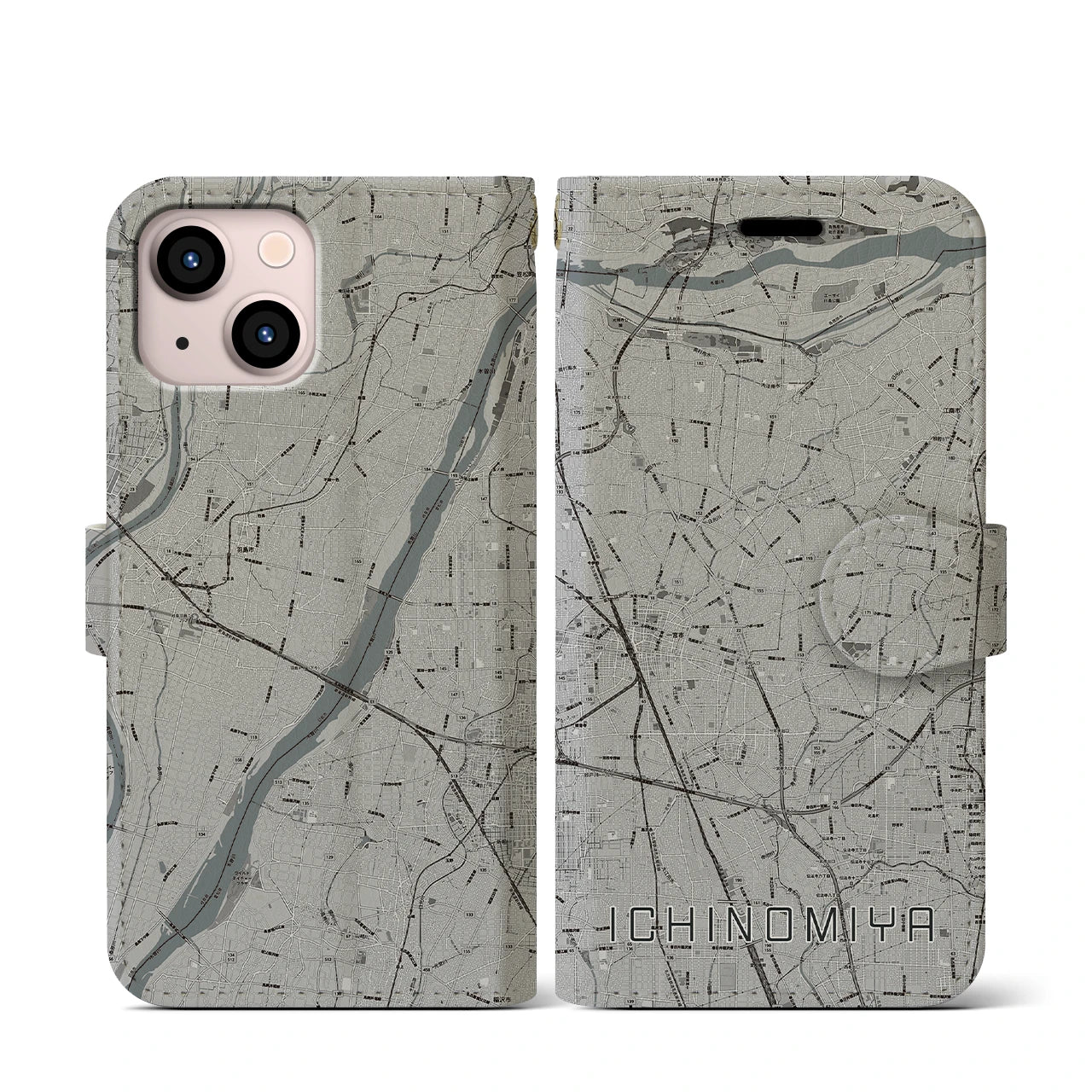 【一宮(愛知県)】地図柄iPhoneケース(手帳タイプ)モノトーン・iPhone 13 mini 用