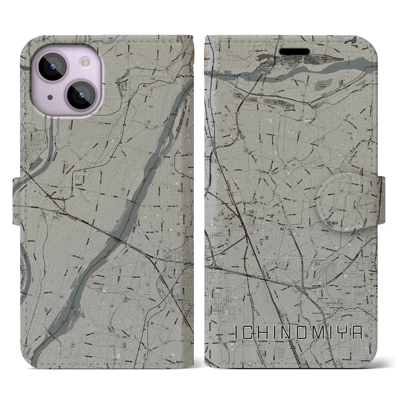 【一宮(愛知県)】地図柄iPhoneケース(手帳タイプ)モノトーン・iPhone 14 用