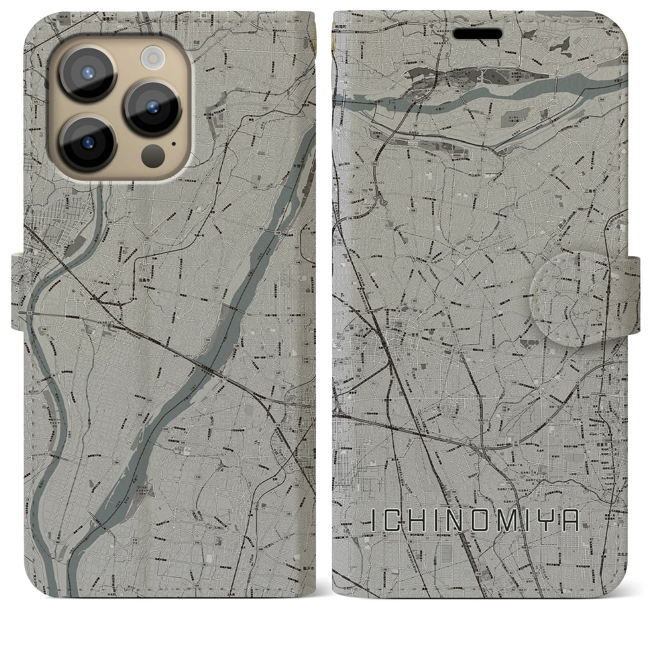 【一宮(愛知県)】地図柄iPhoneケース(手帳タイプ)モノトーン・iPhone 14 Pro Max 用