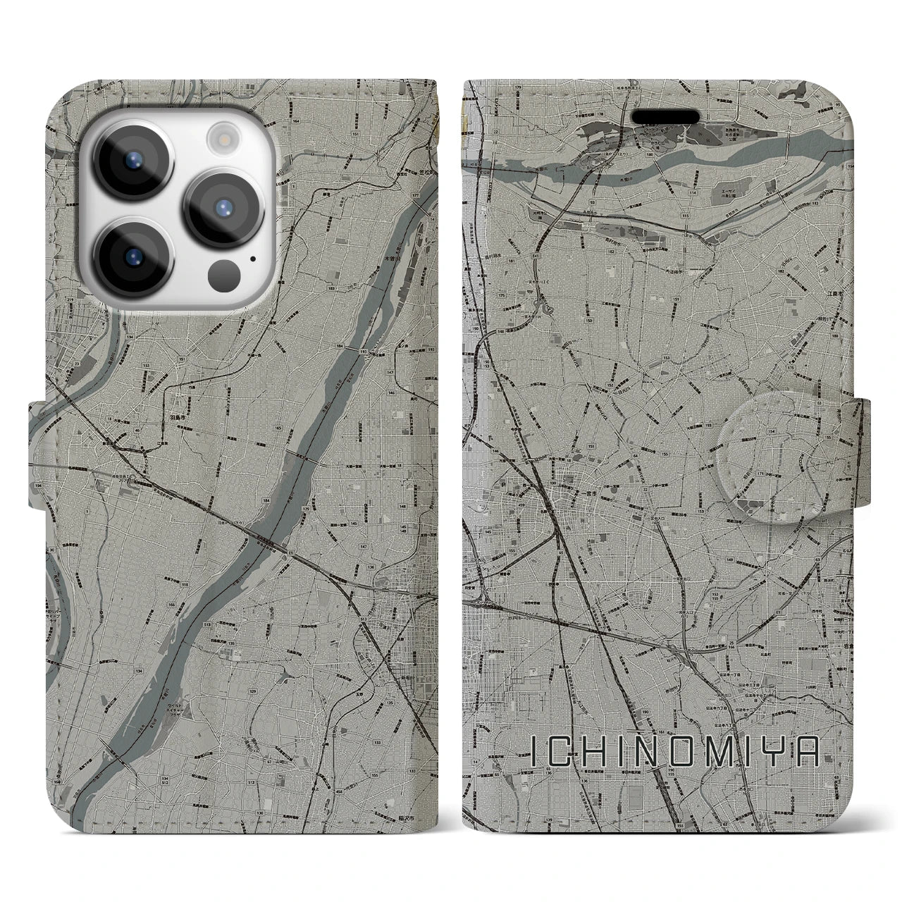 【一宮(愛知県)】地図柄iPhoneケース(手帳タイプ)モノトーン・iPhone 14 Pro 用