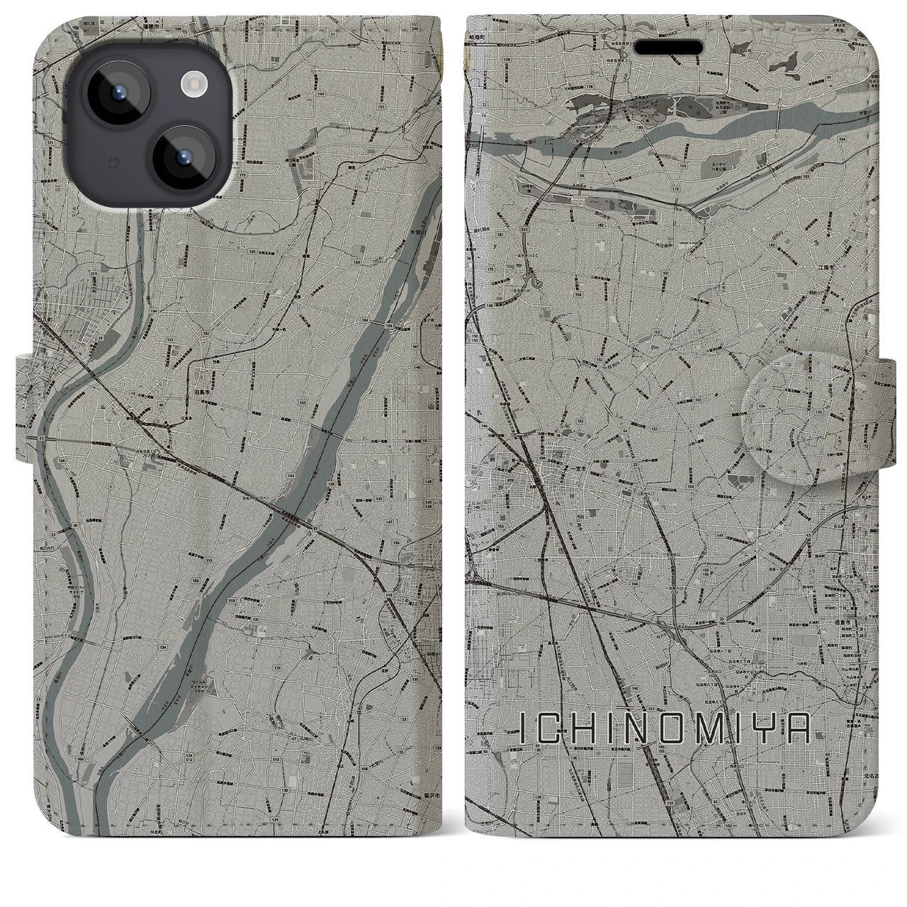 【一宮(愛知県)】地図柄iPhoneケース(手帳タイプ)モノトーン・iPhone 14 Plus 用