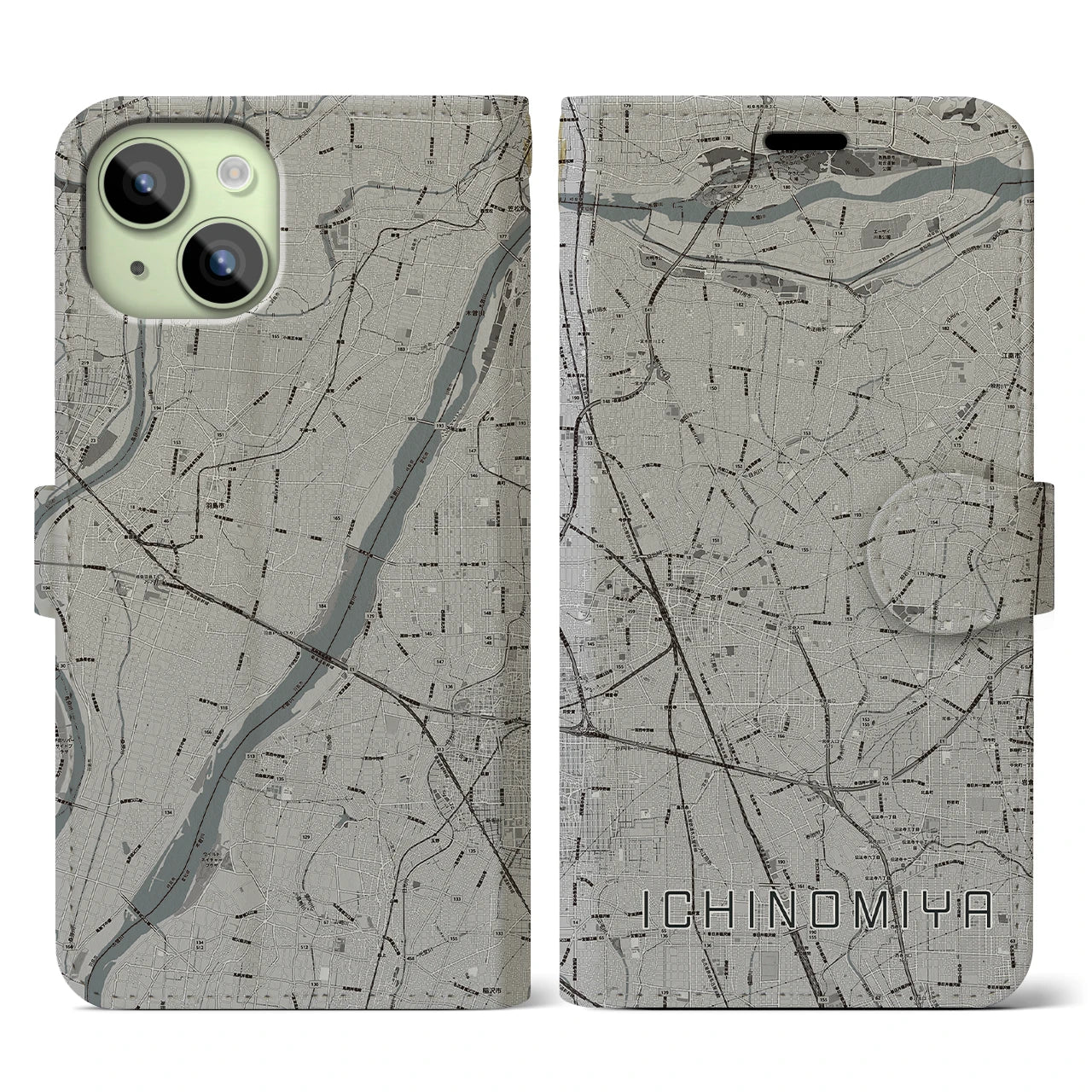 【一宮(愛知県)】地図柄iPhoneケース(手帳タイプ)