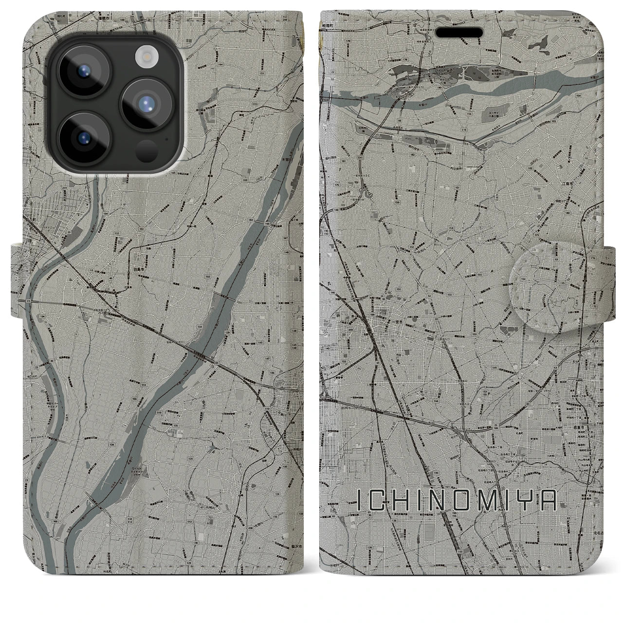 【一宮(愛知県)】地図柄iPhoneケース(手帳タイプ)モノトーン・iPhone 15 Pro Max 用