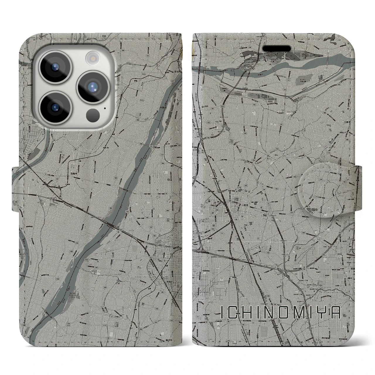 【一宮(愛知県)】地図柄iPhoneケース(手帳タイプ)モノトーン・iPhone 15 Pro 用