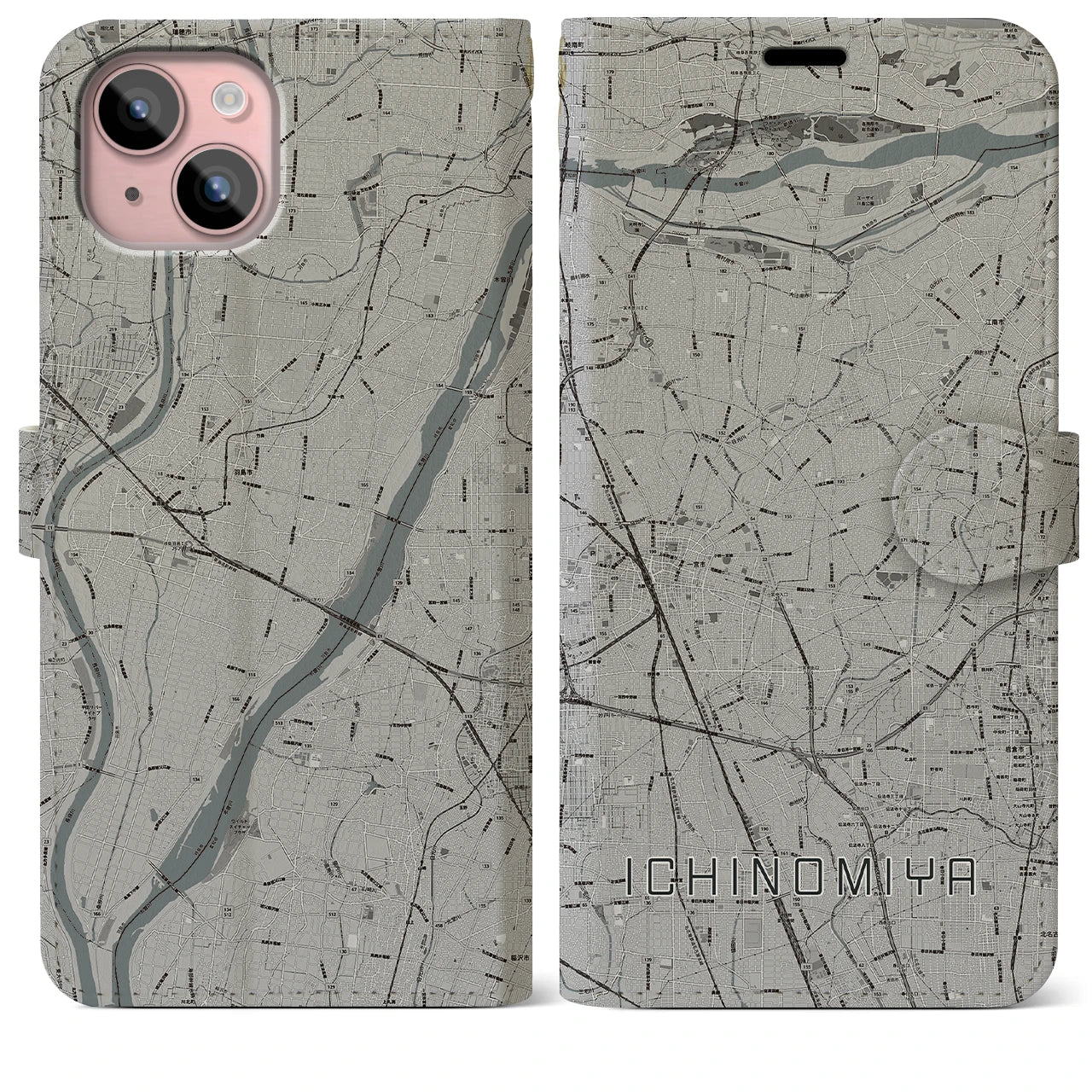 【一宮(愛知県)】地図柄iPhoneケース(手帳タイプ)モノトーン・iPhone 15 Plus 用