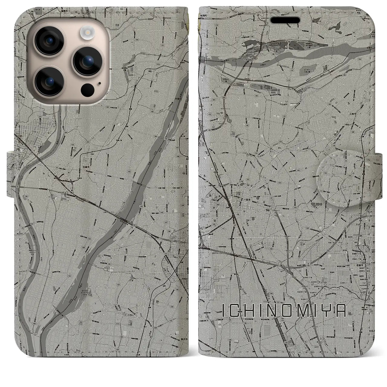 【一宮(愛知県)】地図柄iPhoneケース(手帳タイプ)モノトーン・iPhone 16 Plus 用