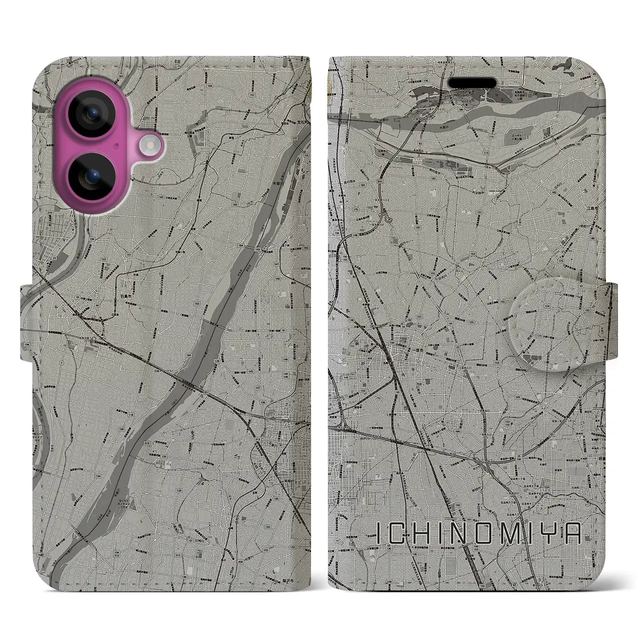 【一宮(愛知県)】地図柄iPhoneケース(手帳タイプ)モノトーン・iPhone 16 Pro 用