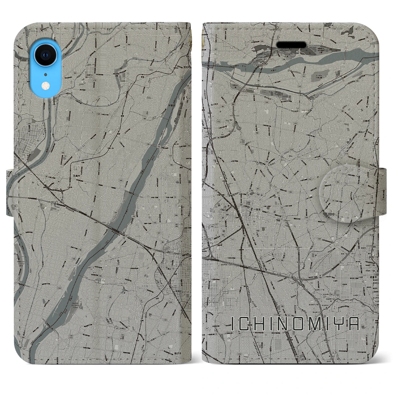 【一宮(愛知県)】地図柄iPhoneケース(手帳タイプ)モノトーン・iPhone XR 用