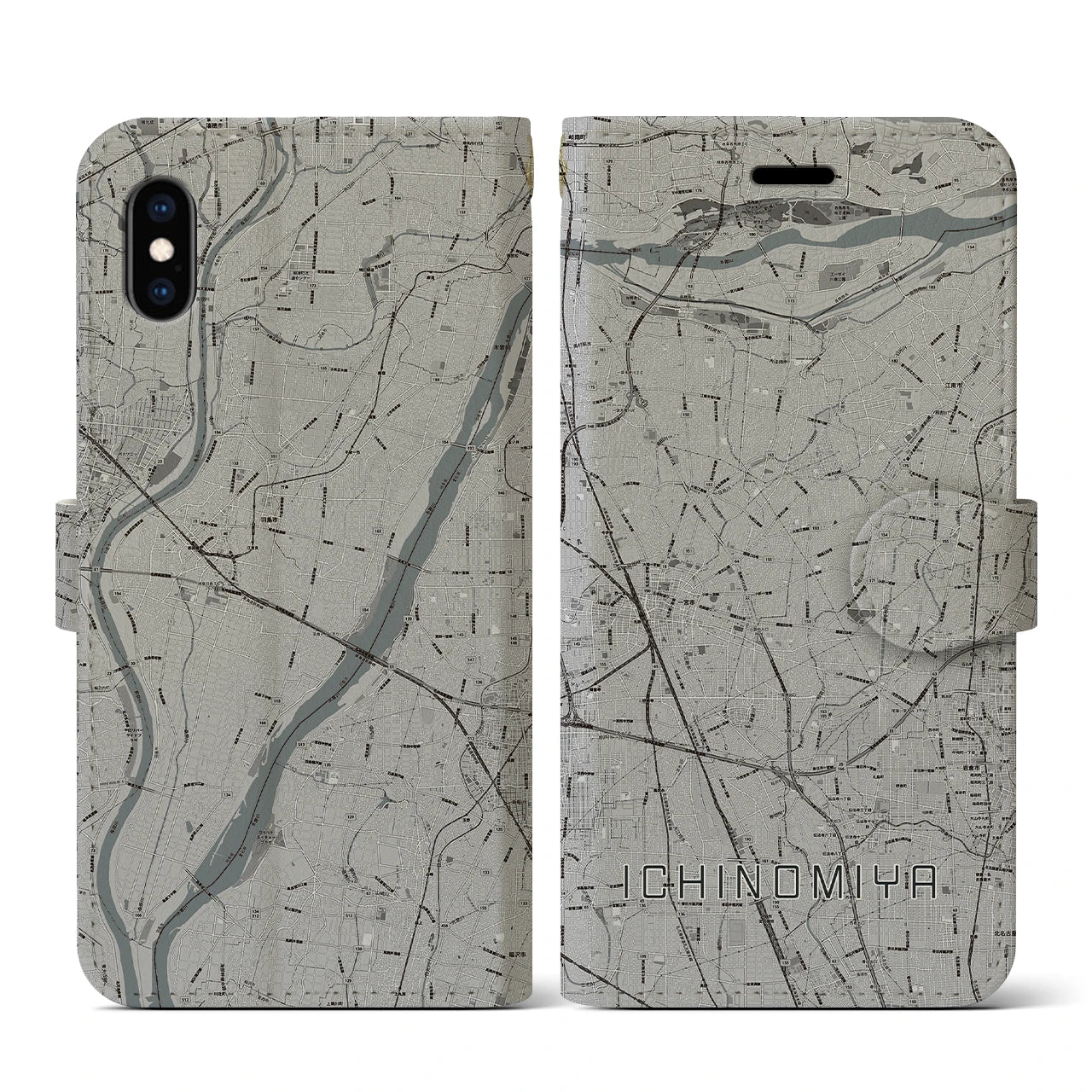 【一宮(愛知県)】地図柄iPhoneケース(手帳タイプ)モノトーン・iPhone XS / X 用