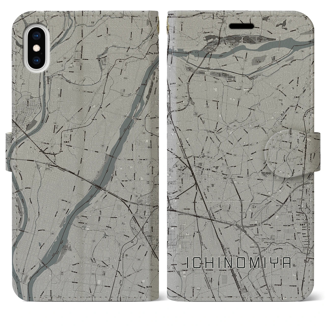 【一宮(愛知県)】地図柄iPhoneケース(手帳タイプ)モノトーン・iPhone XS Max 用