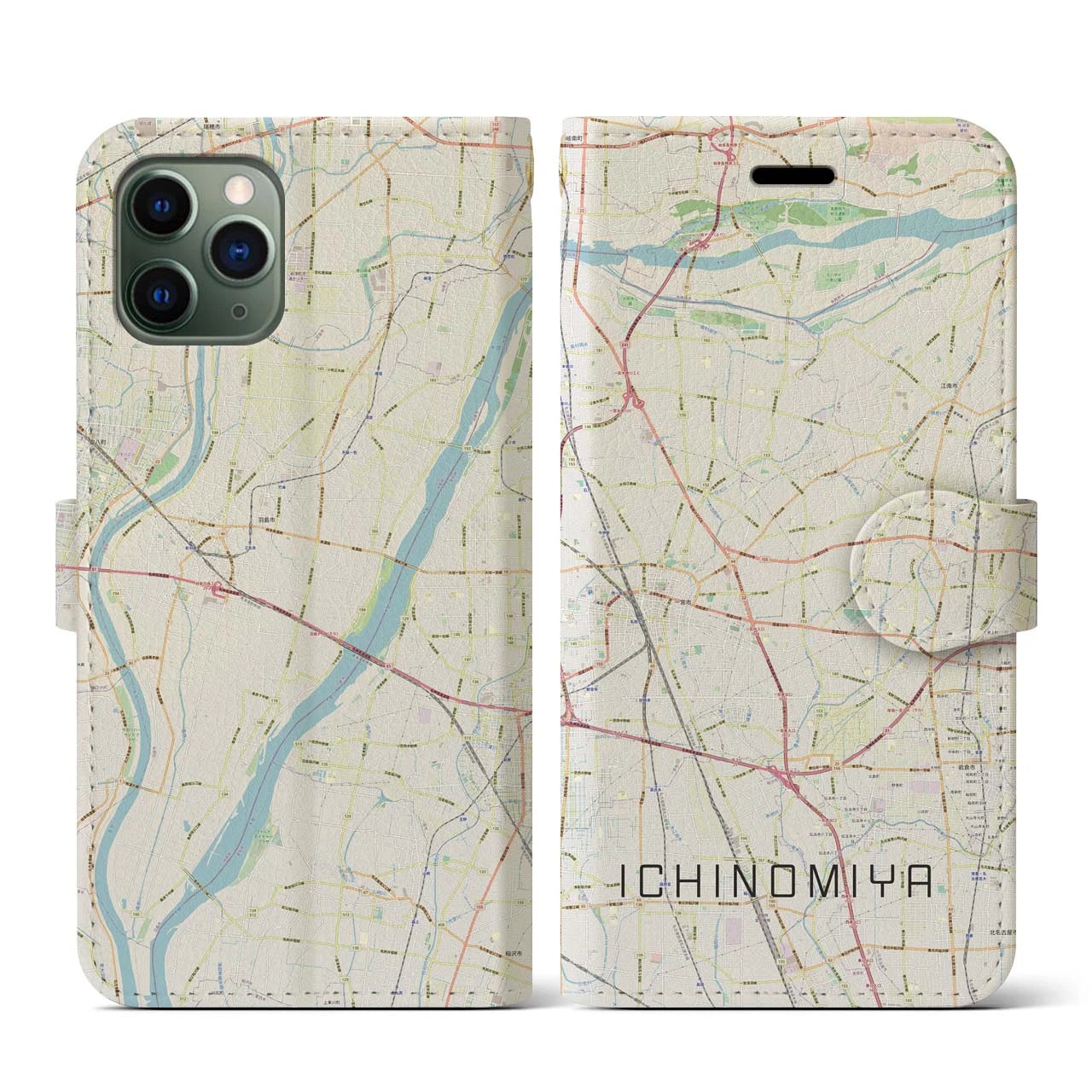 【一宮(愛知県)】地図柄iPhoneケース(手帳タイプ)ナチュラル・iPhone 11 Pro 用