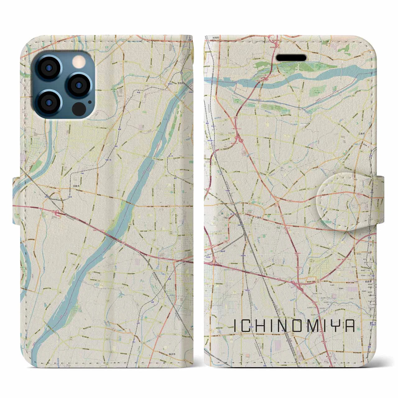【一宮(愛知県)】地図柄iPhoneケース(手帳タイプ)ナチュラル・iPhone 12 / 12 Pro 用
