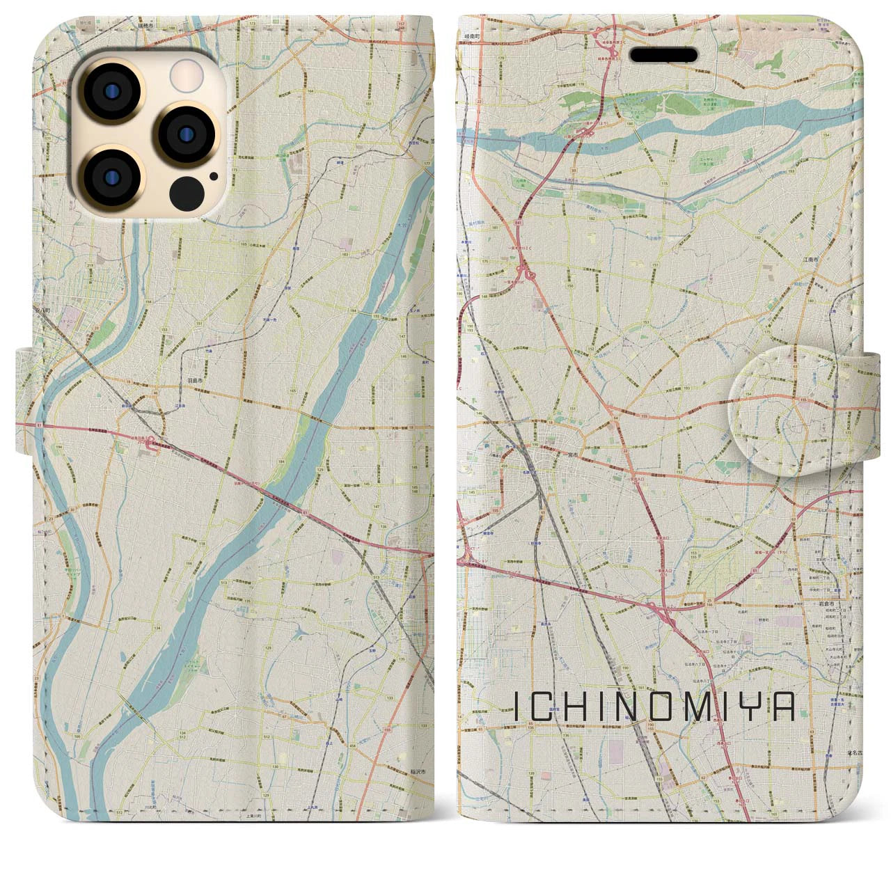 【一宮(愛知県)】地図柄iPhoneケース(手帳タイプ)ナチュラル・iPhone 12 Pro Max 用