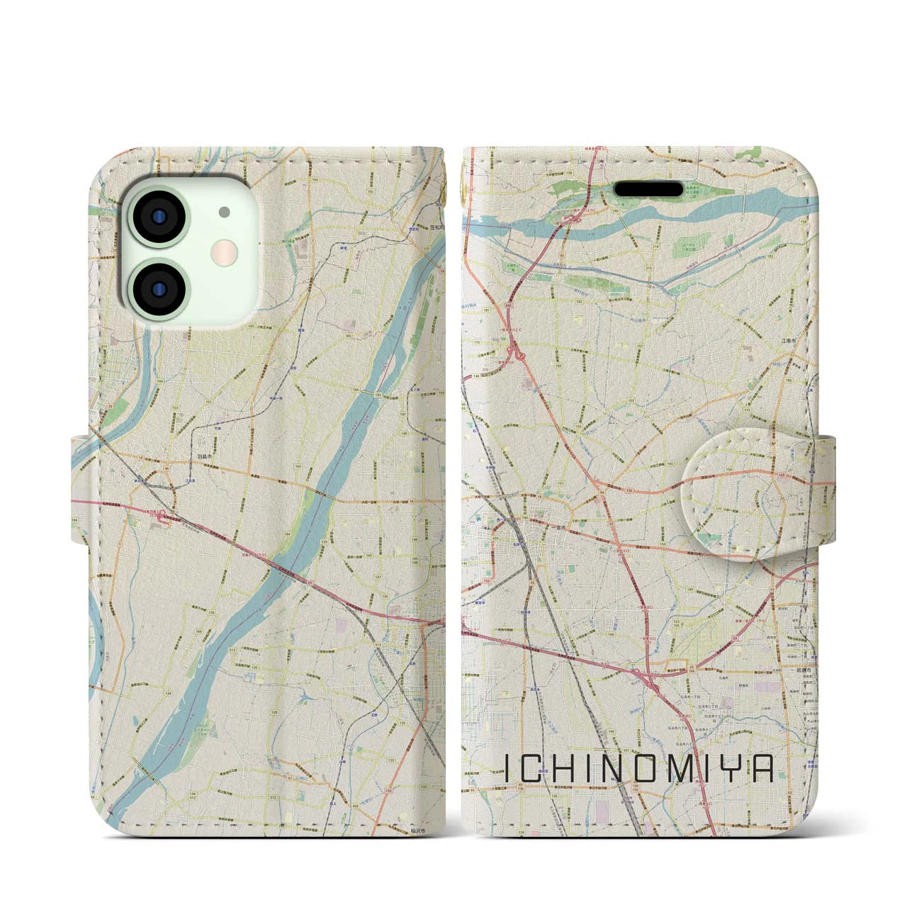 【一宮(愛知県)】地図柄iPhoneケース(手帳タイプ)ナチュラル・iPhone 12 mini 用