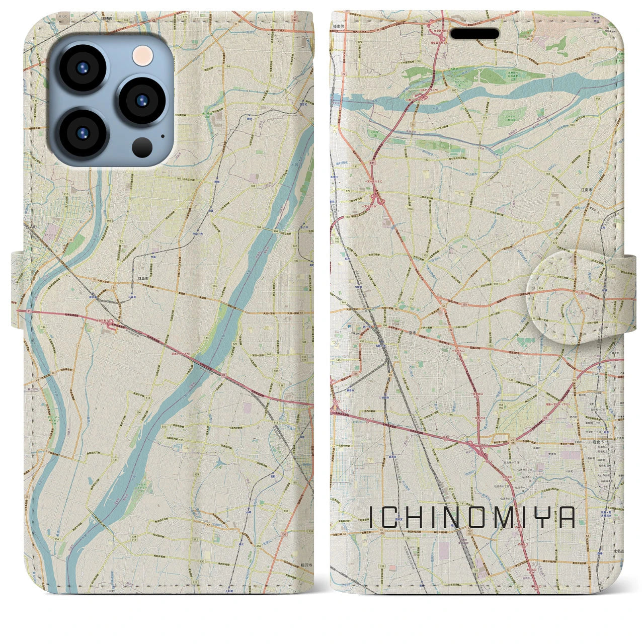 【一宮(愛知県)】地図柄iPhoneケース(手帳タイプ)ナチュラル・iPhone 13 Pro Max 用