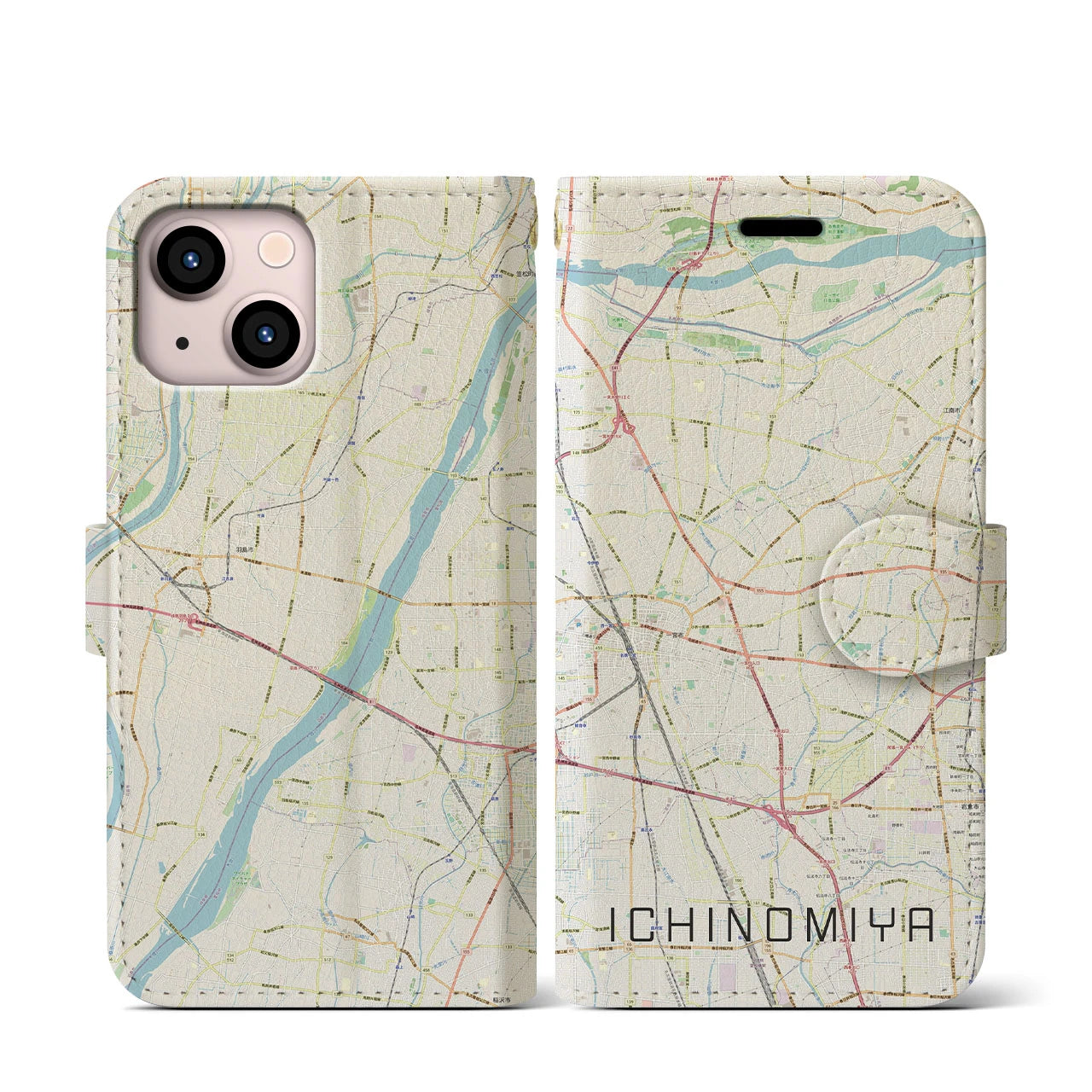 【一宮(愛知県)】地図柄iPhoneケース(手帳タイプ)ナチュラル・iPhone 13 mini 用