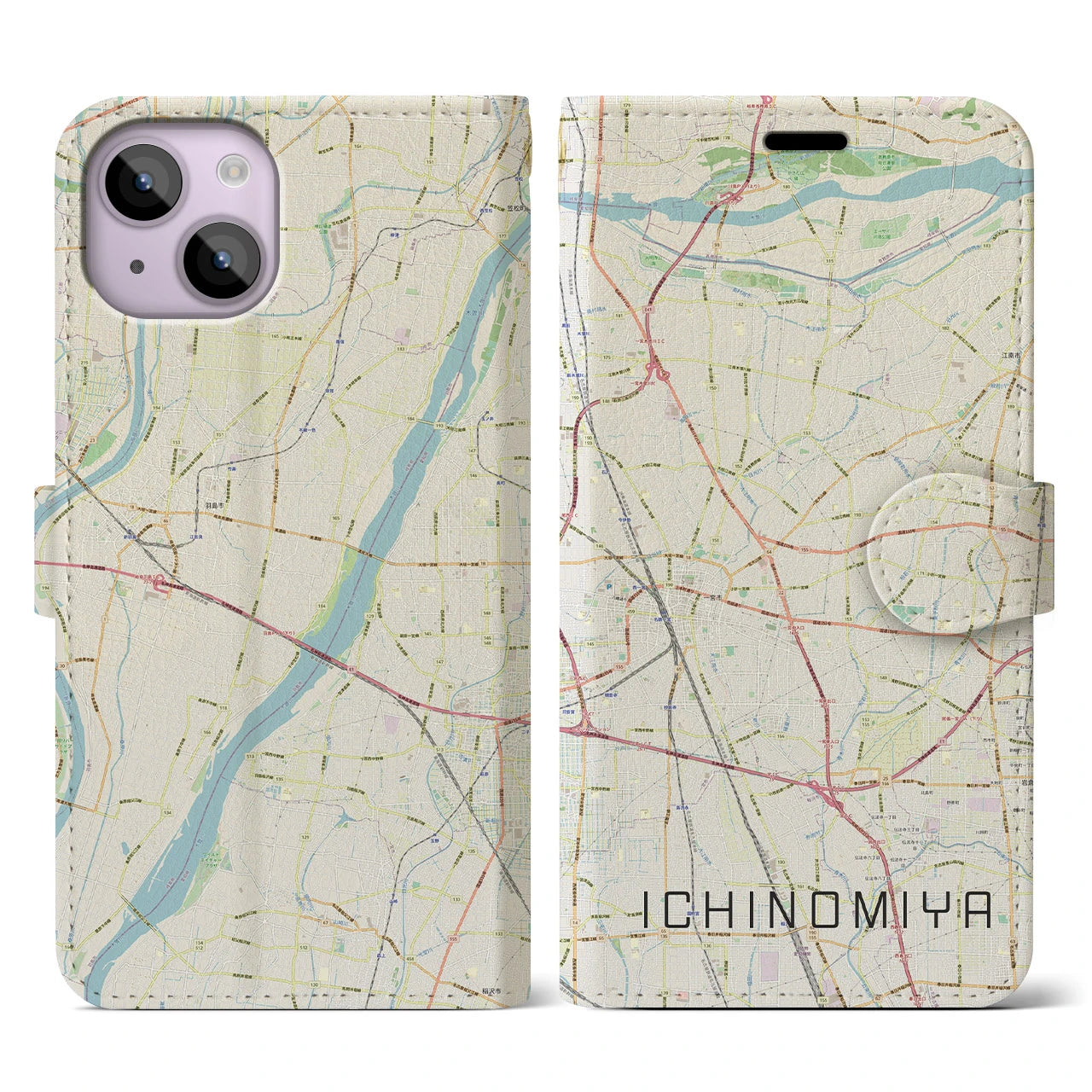 【一宮(愛知県)】地図柄iPhoneケース(手帳タイプ)ナチュラル・iPhone 14 用