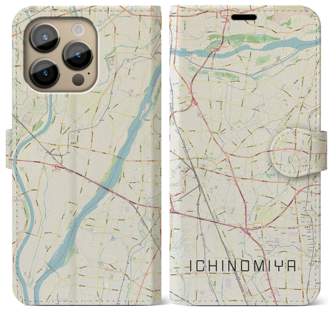【一宮(愛知県)】地図柄iPhoneケース(手帳タイプ)ナチュラル・iPhone 14 Pro Max 用