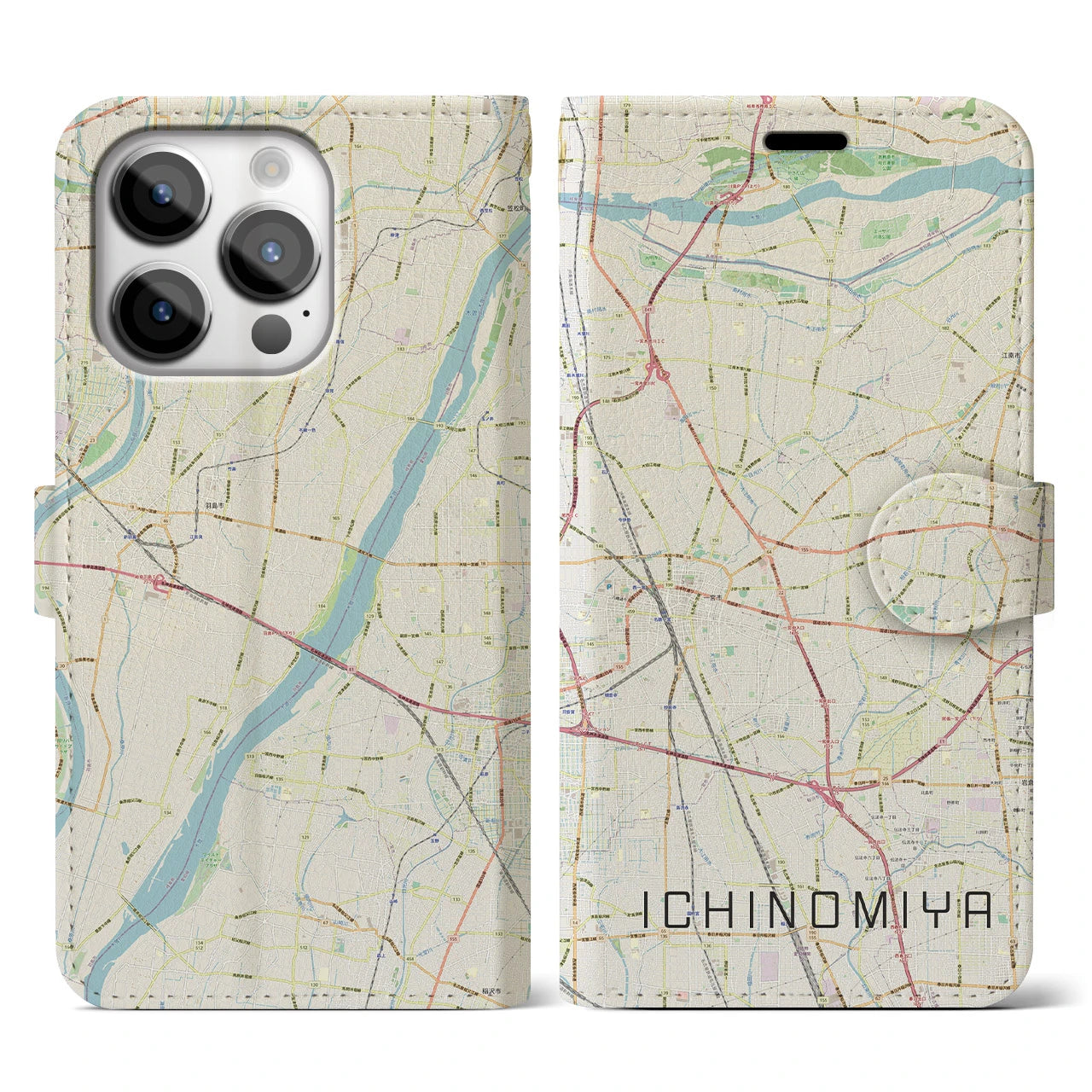【一宮(愛知県)】地図柄iPhoneケース(手帳タイプ)ナチュラル・iPhone 14 Pro 用