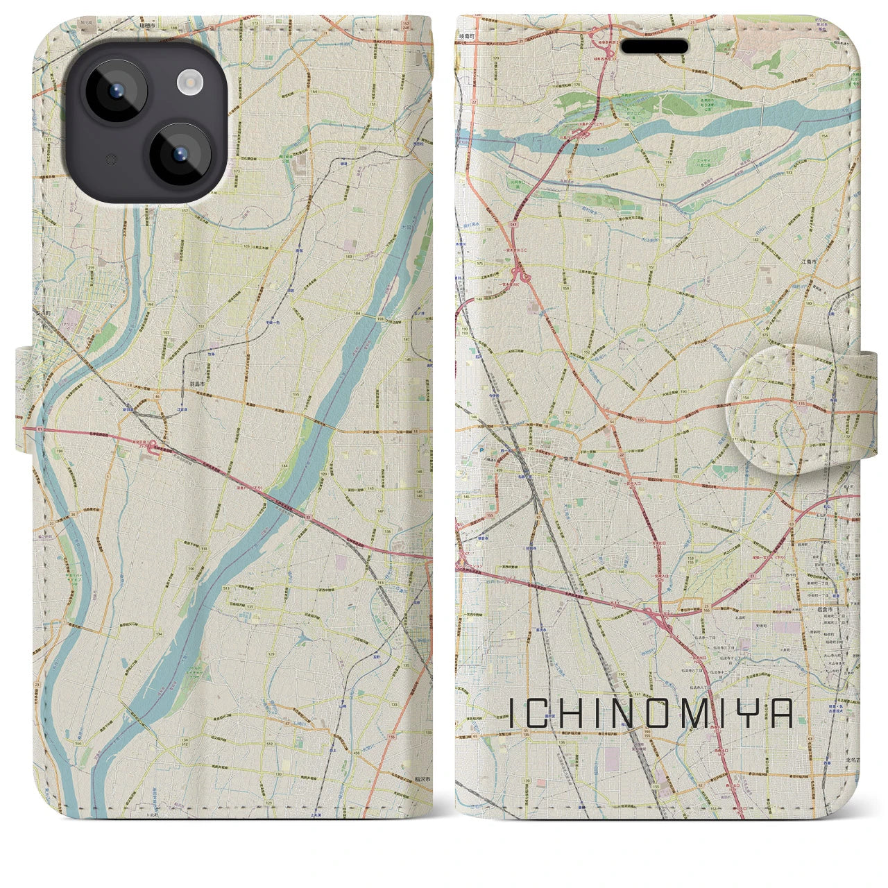 【一宮(愛知県)】地図柄iPhoneケース(手帳タイプ)ナチュラル・iPhone 14 Plus 用